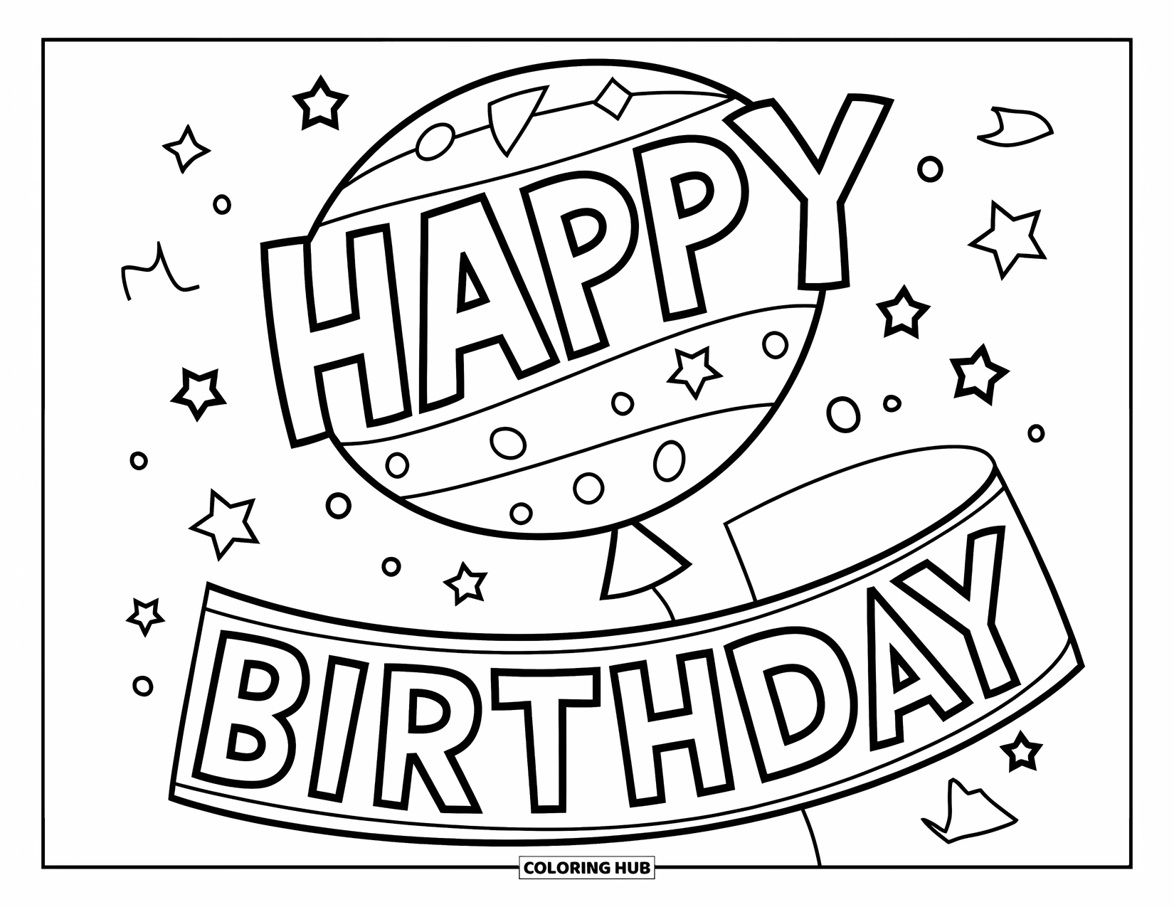 Birthday Party Coloring Page for Kids: A birthday balloon and banner float high above a tiny cake