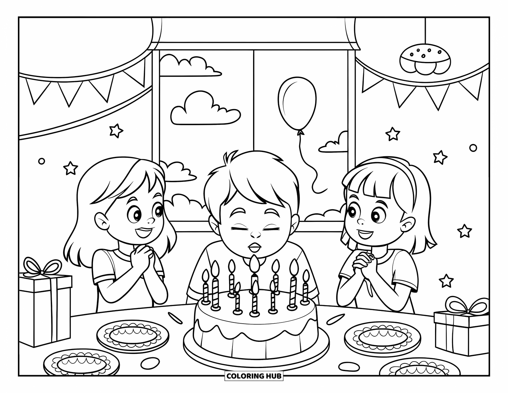 Birthday Party Coloring Page for Kids: A cheerful cake moment with decorations, gifts, and friends full of excitement