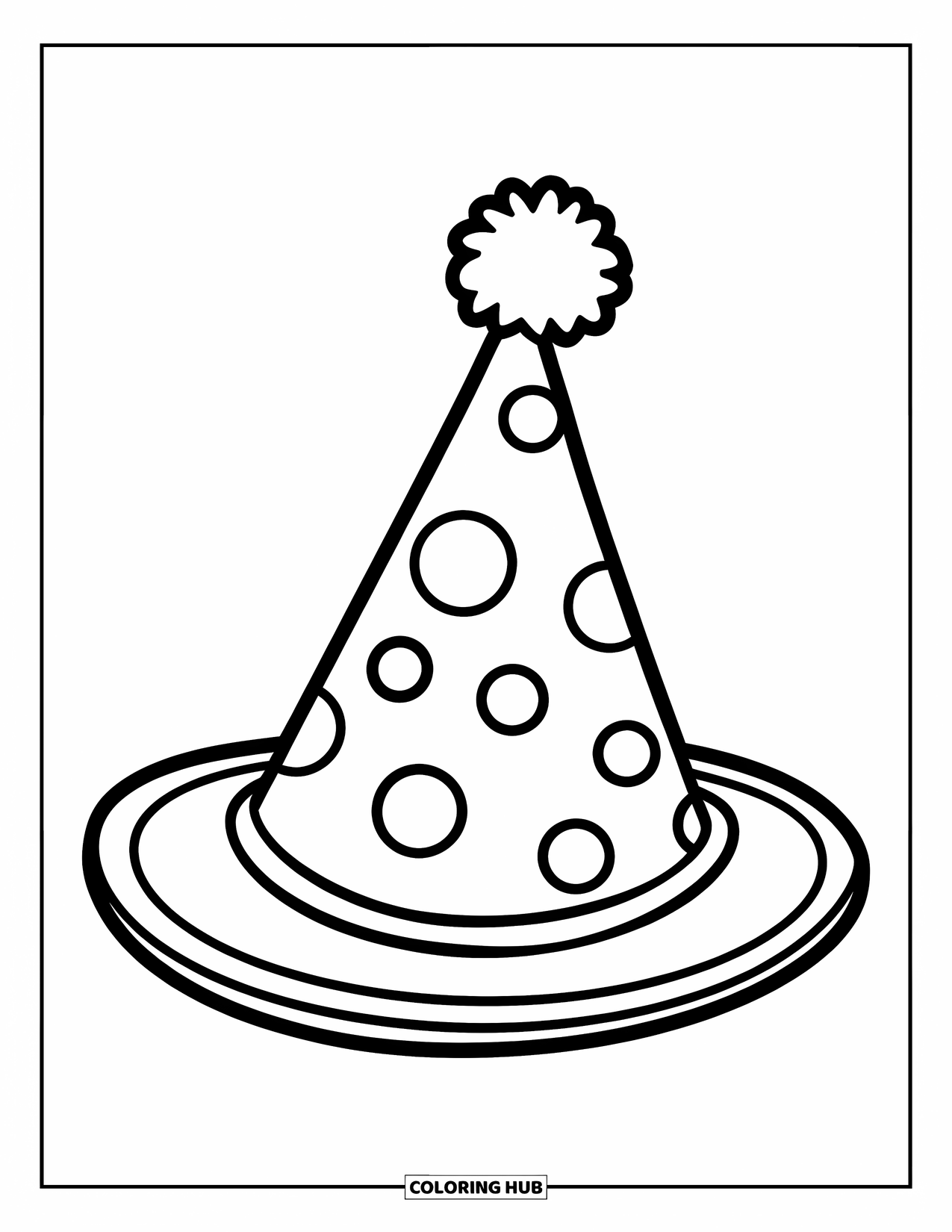 Birthday Party Coloring Page for Kids: A cheerful party hat with dots and pom-pom sits on a blank background