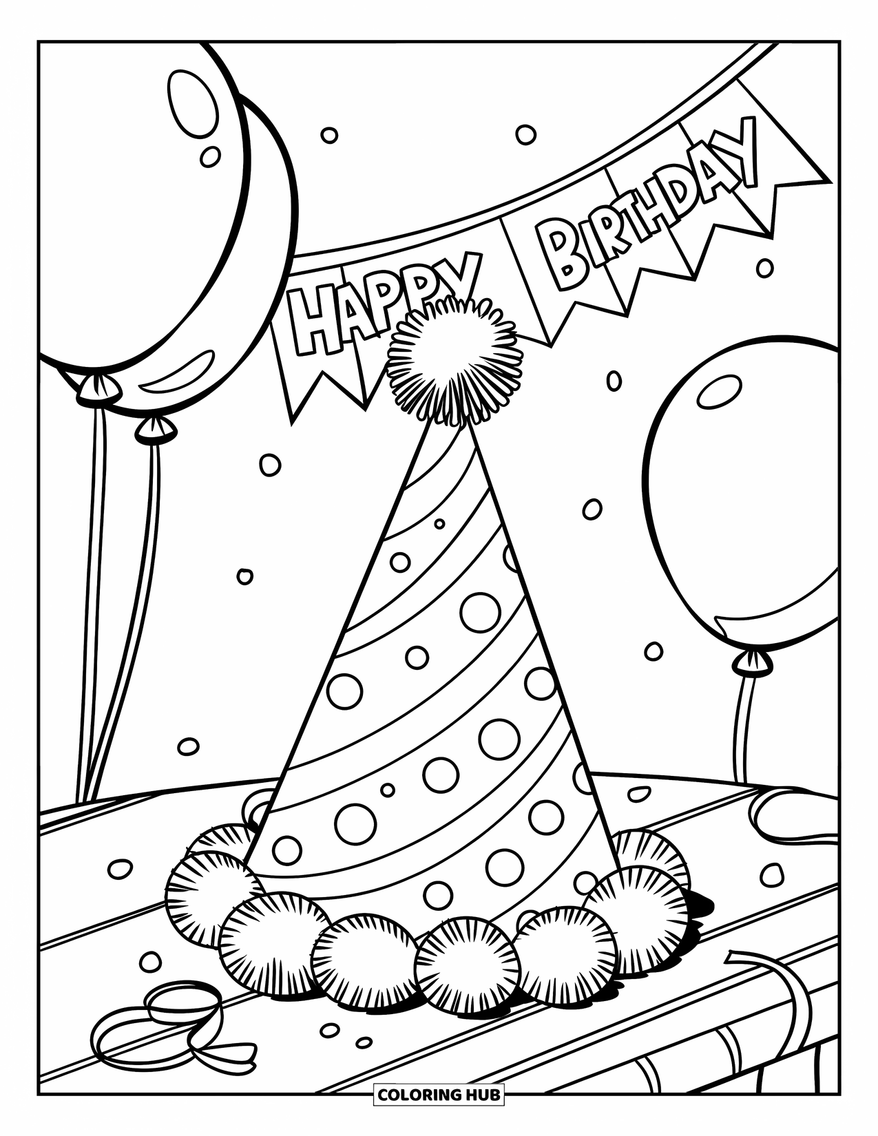 Birthday Party Coloring Page for Kids: A dotted party hat with a pom-pom rests beside balloons and treats