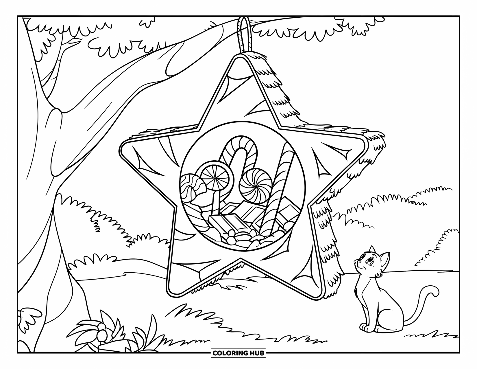 Birthday Party Coloring Page for Kids: A forest piñata scene with candy peeking out and animals looking up