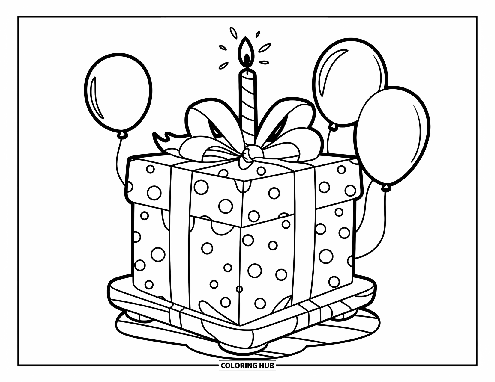 Birthday Party Coloring Page for Kids: A gift on a stand is surrounded by balloons and candlelight