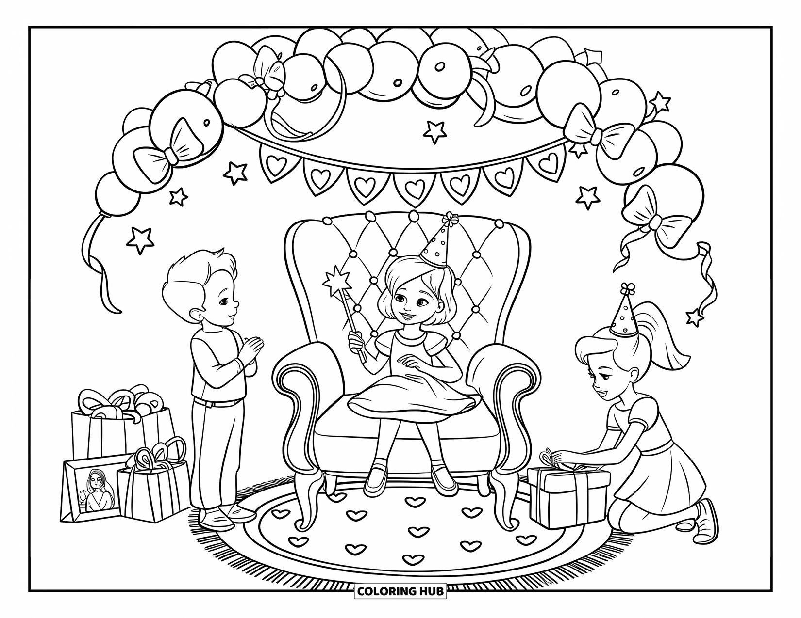 Birthday Party Coloring Page for Kids: A girl in a party crown sits with friends under a balloon arch and festive decor