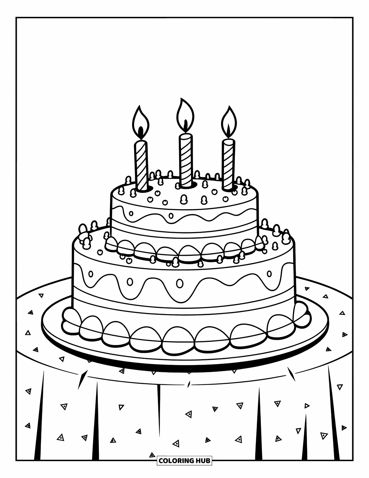 Birthday Party Coloring Page for Kids: A layered birthday cake sits on a plate with three glowing candles