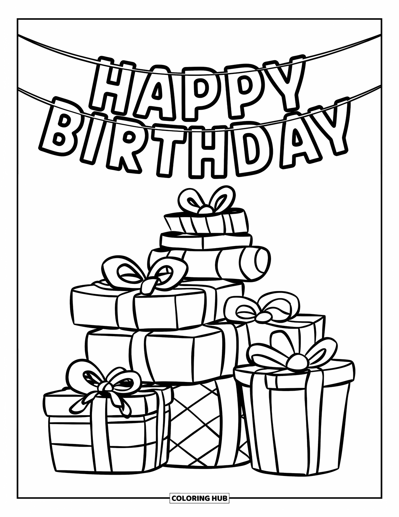 Birthday Party Coloring Page for Kids: A pile of wrapped presents sits beneath a festive birthday banner