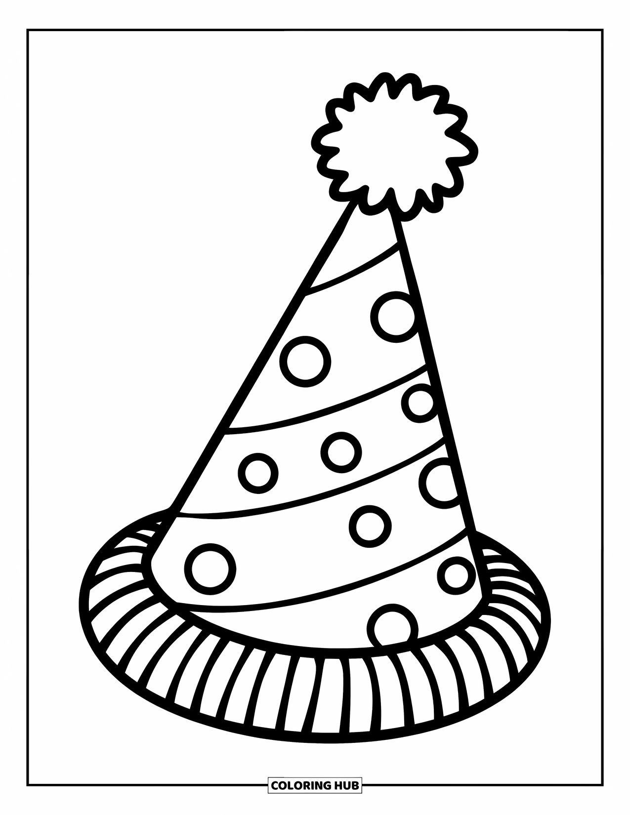 Birthday Party Coloring Page for Kids: A playful hat with dots and a pom-pom is ready for a party