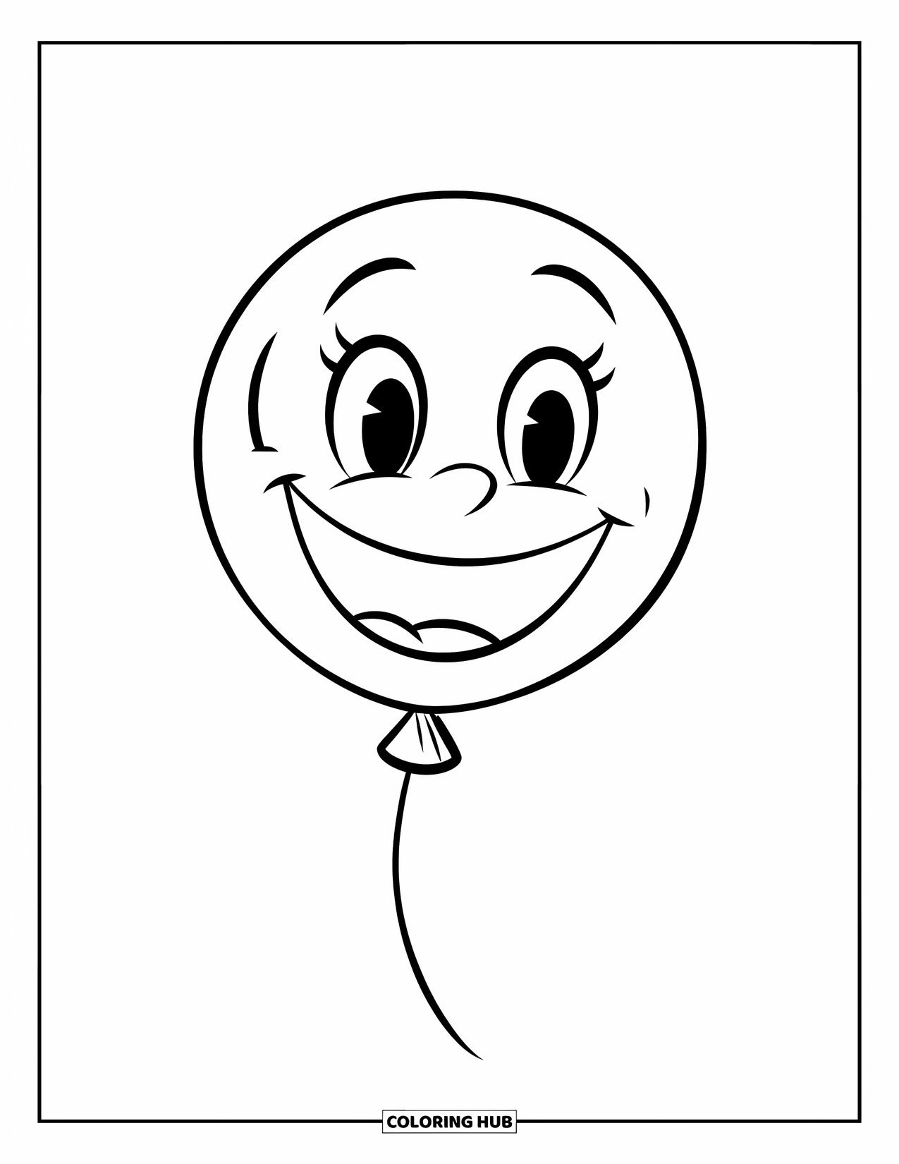 Birthday Party Coloring Page for Kids: A smiling balloon floats happily with a tied string below