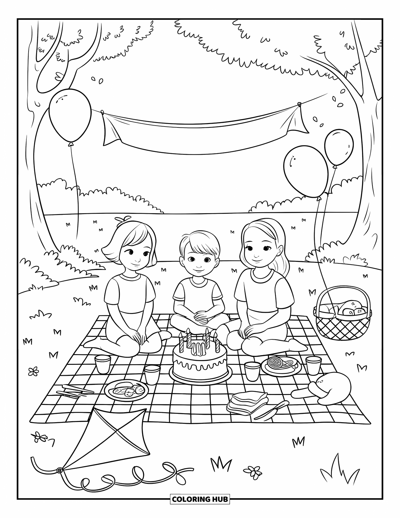 Birthday Party Coloring Page for Kids: A sweet outdoor picnic with birthday treats, balloons, and playful breeze
