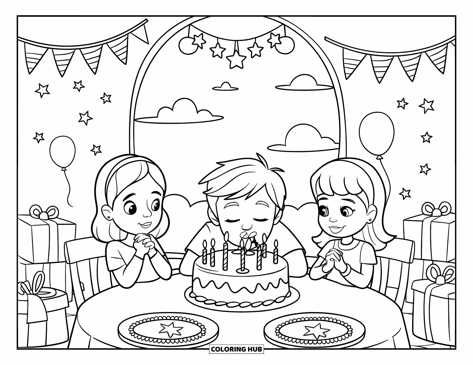 Birthday Party Coloring Page for Kids: Candles glow on a cake while kids cheer in a festive room with balloons