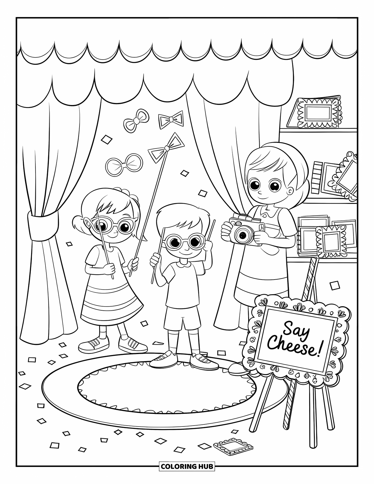 Birthday Party Coloring Page for Kids: Friends strike funny poses with props in a playful photo booth corner