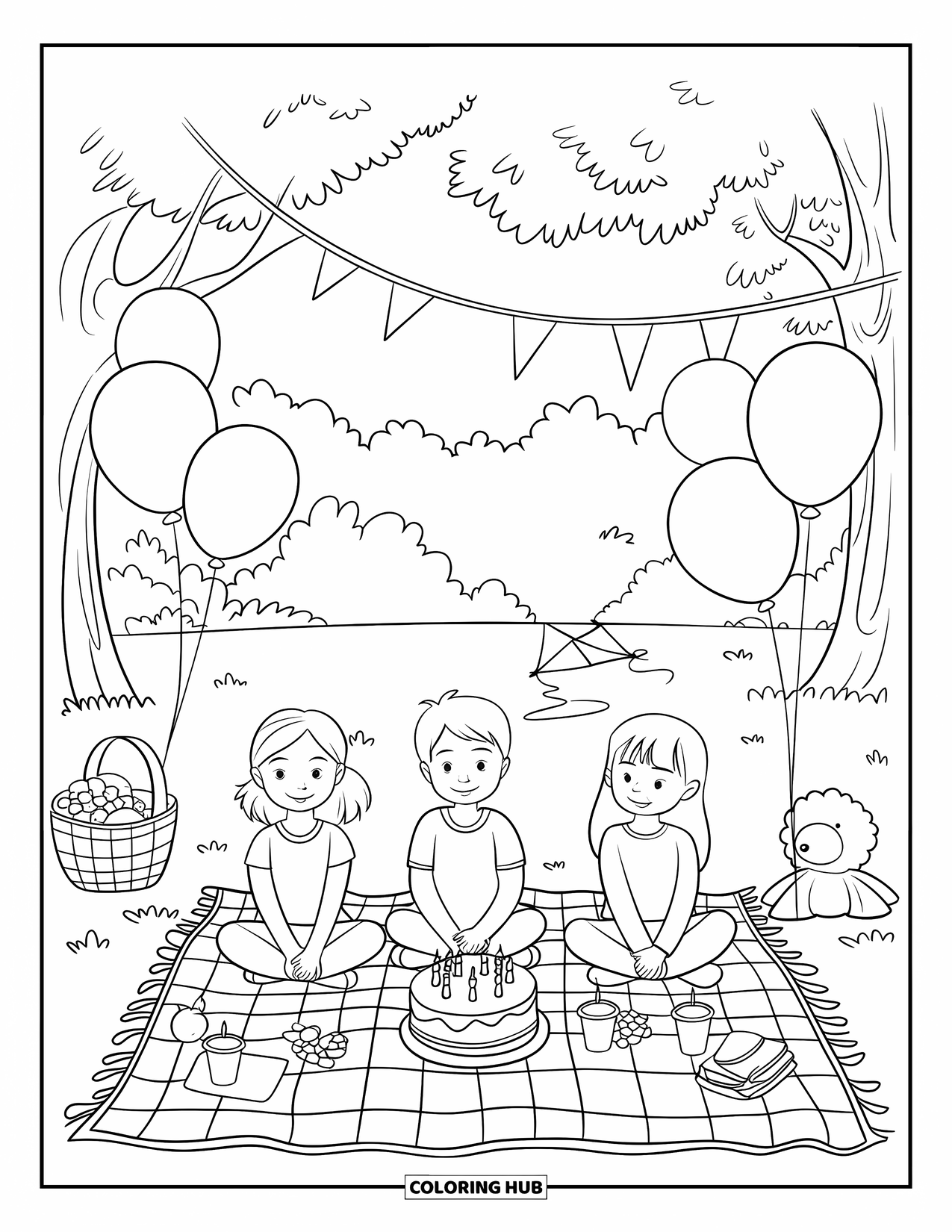 Birthday Party Coloring Page for Kids: Kids share snacks on a blanket under balloons and a waving birthday banner