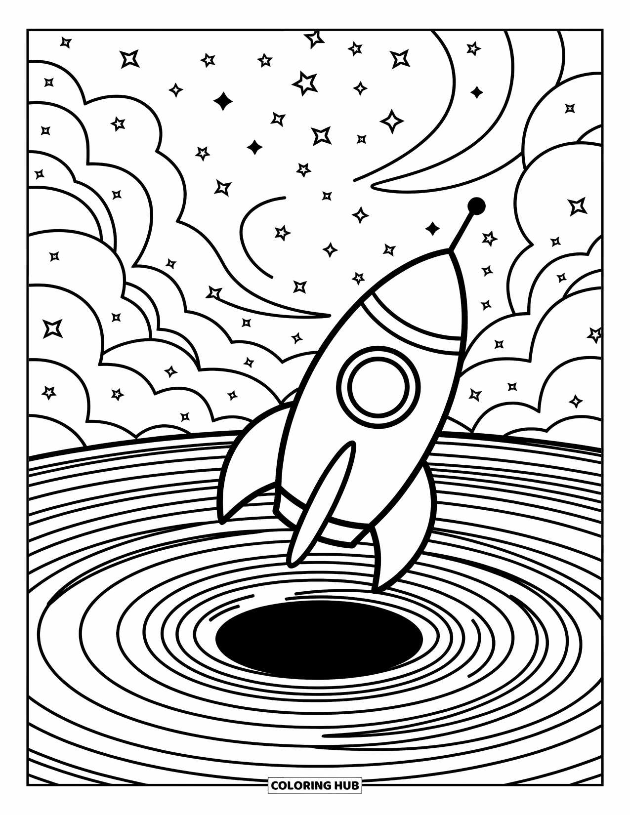 Black Hole Coloring Page for Adults: A cheerful rocket floats close to a sparkling black hole