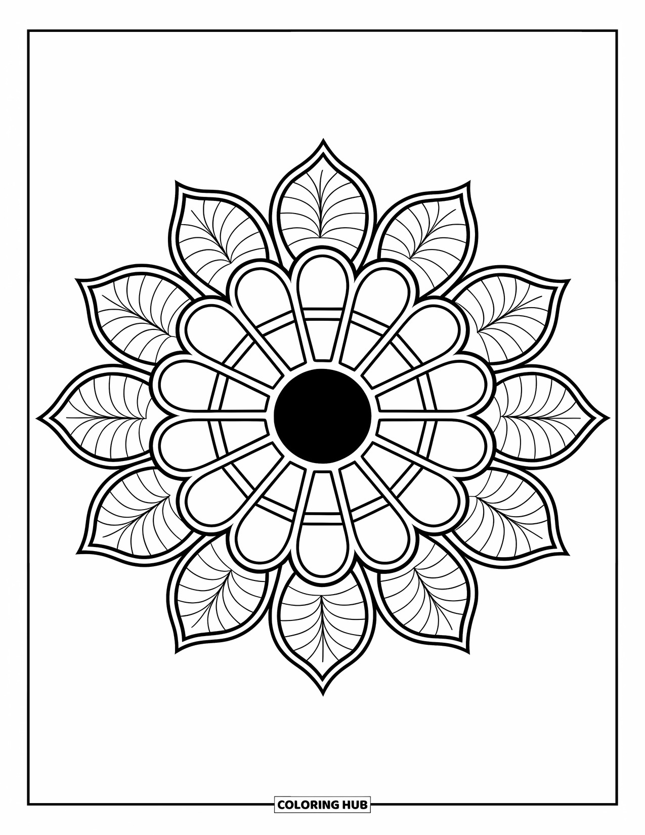 Black Hole Coloring Page for Adults: A rose window with bold patterns circles a central black hole