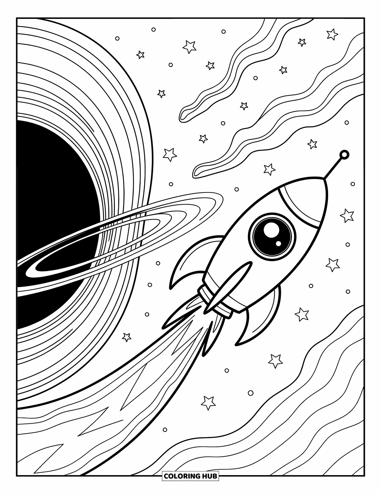 Black Hole Coloring Page for Adults: A tiny rocket explores near a black hole's swirling rings