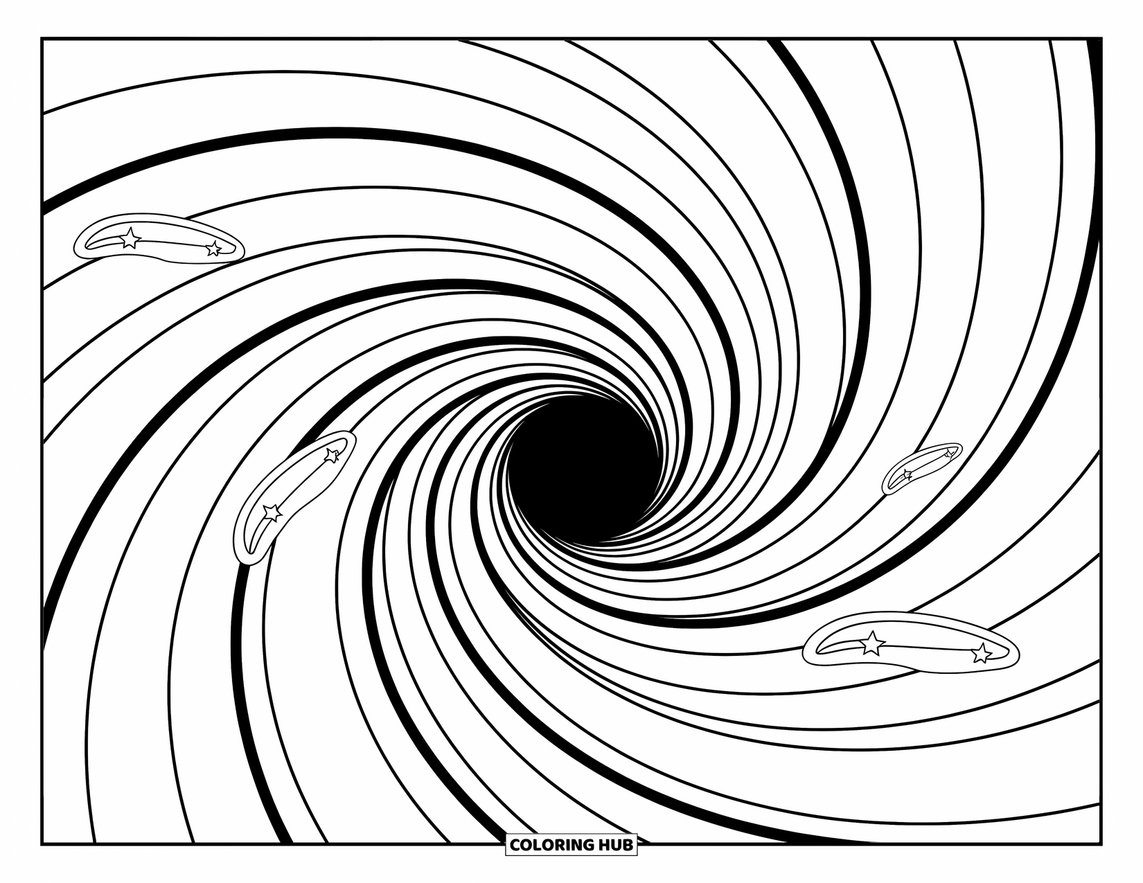 Black Hole Coloring Page for Adults: Long star trails curve into a swirling black hole