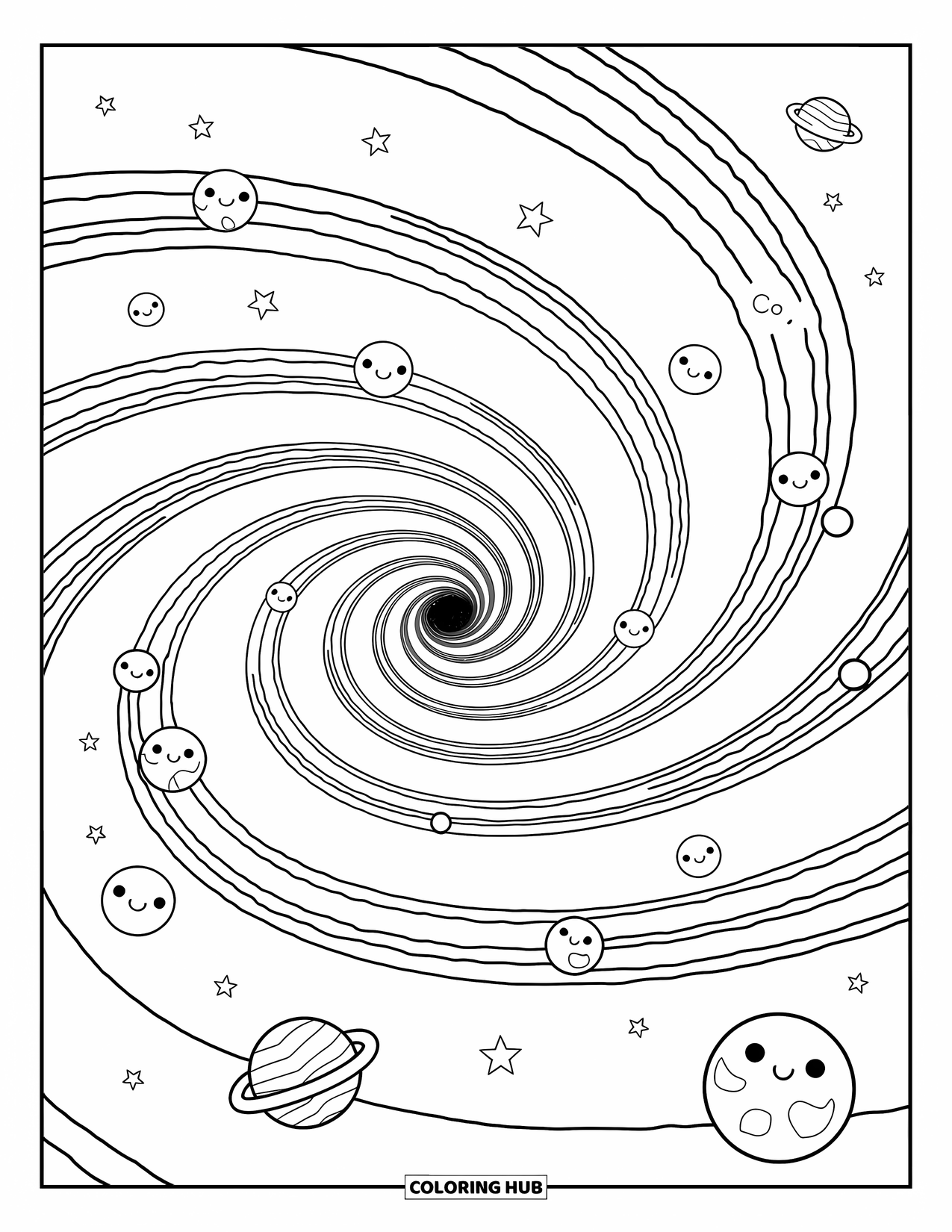 Black Hole Coloring Page for Adults: Spiral galaxy arms stretch out from a black hole center
