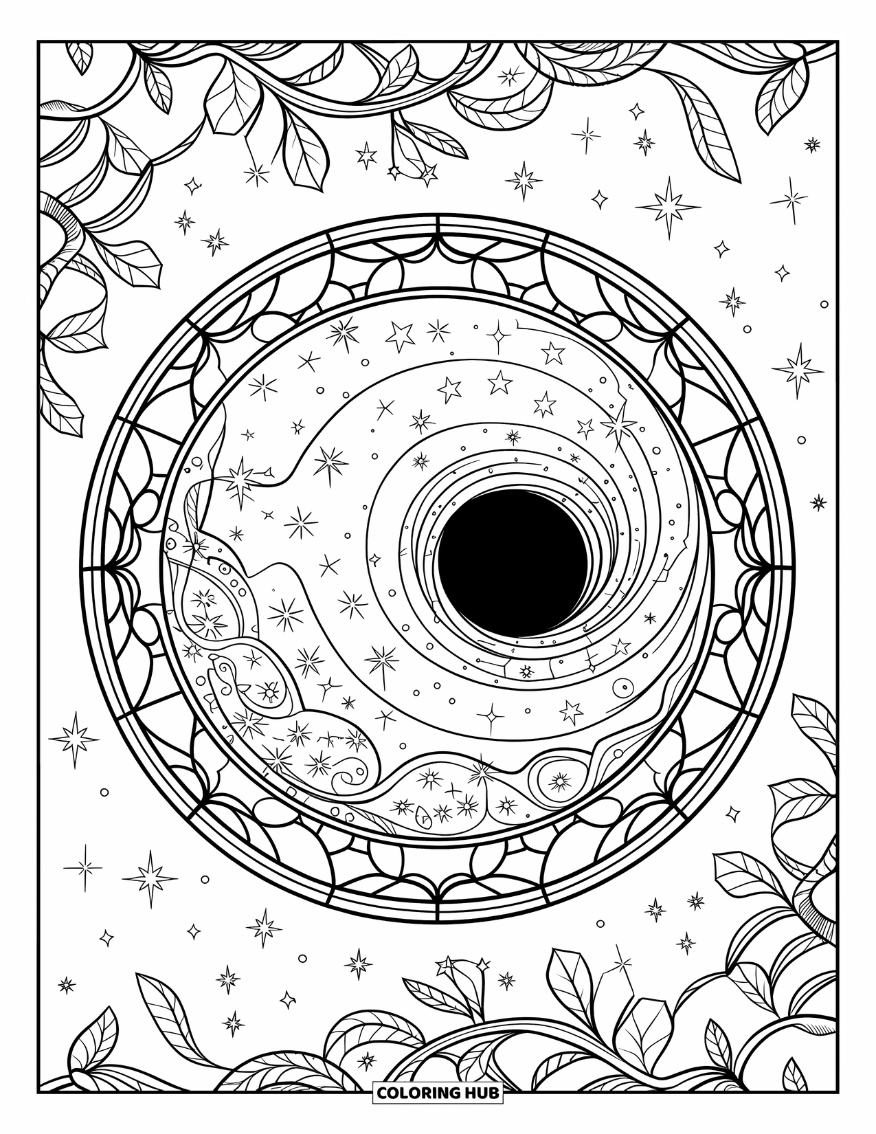 Black Hole Coloring Page for Adults: Stars swirl inside a stained-glass ring around a glowing black hole