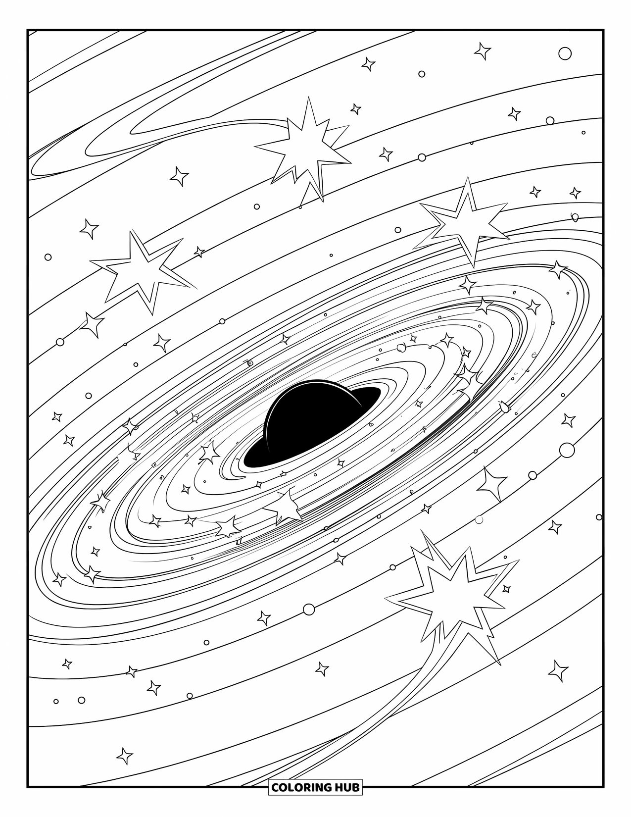 Black Hole Coloring Page for Kids: A black hole pulls stars along a curved galaxy path