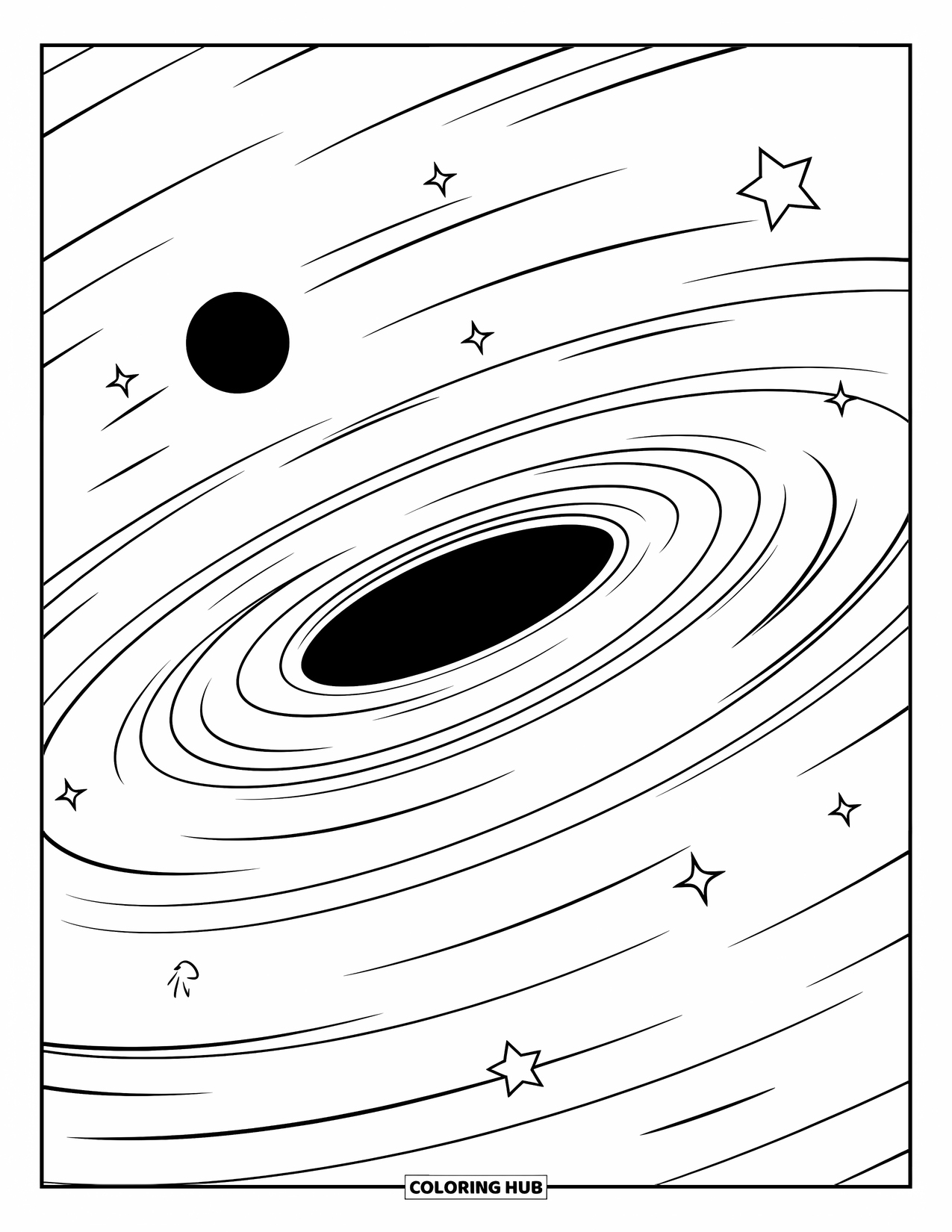 Black Hole Coloring Page for Kids: A black hole spins slowly near a few stars in space