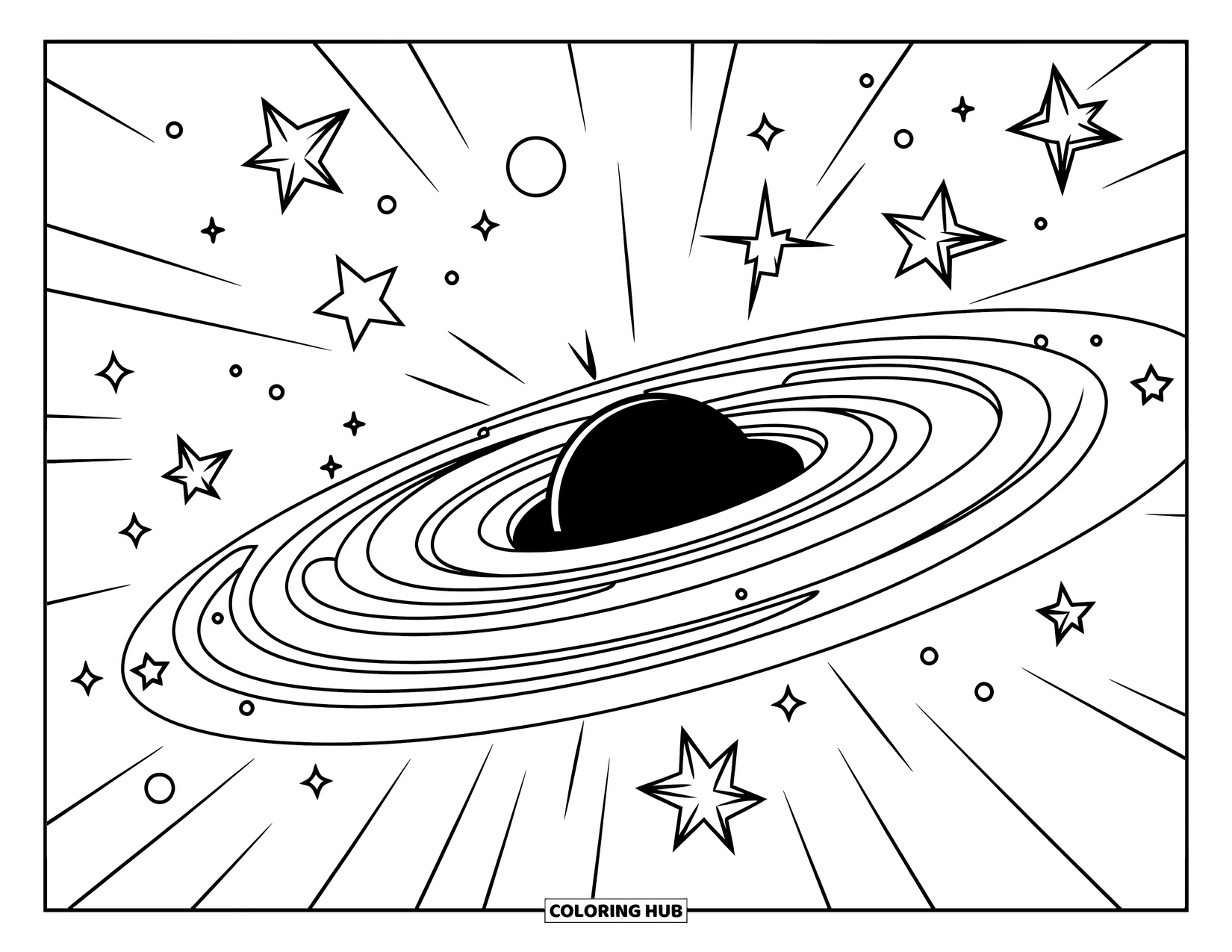 Black Hole Coloring Page for Kids: A bright black hole tunnel twists through the galaxy as a ship flies by