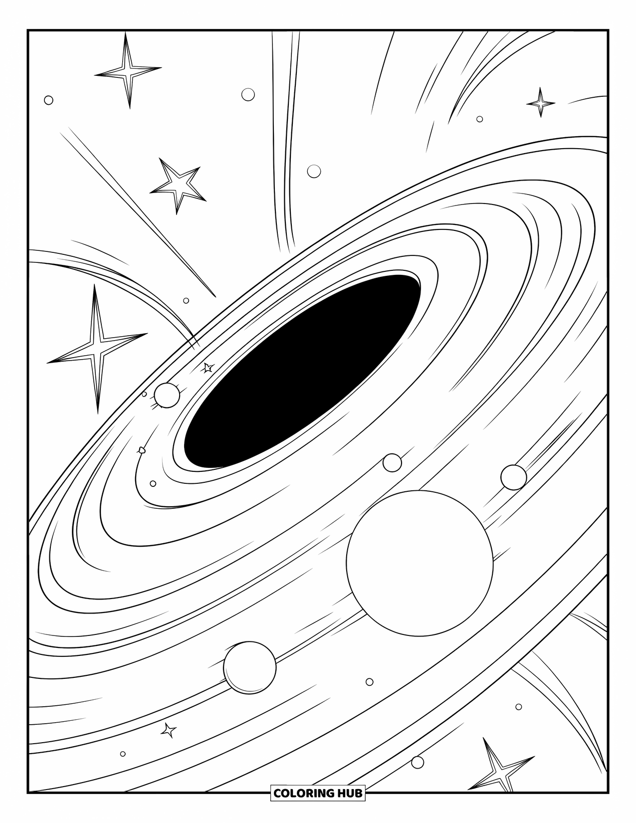 Black Hole Coloring Page for Kids: A giant black hole pulls light into curved paths through the stars