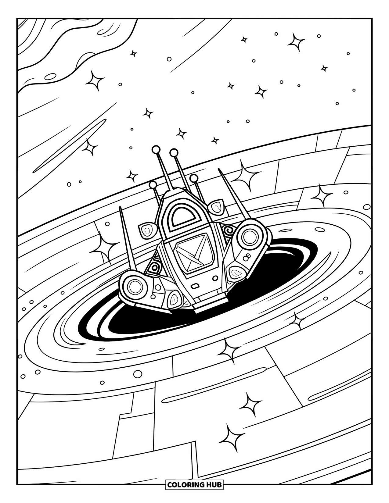 Black Hole Coloring Page for Kids: A rocketship nears a black hole's edge with stars all around