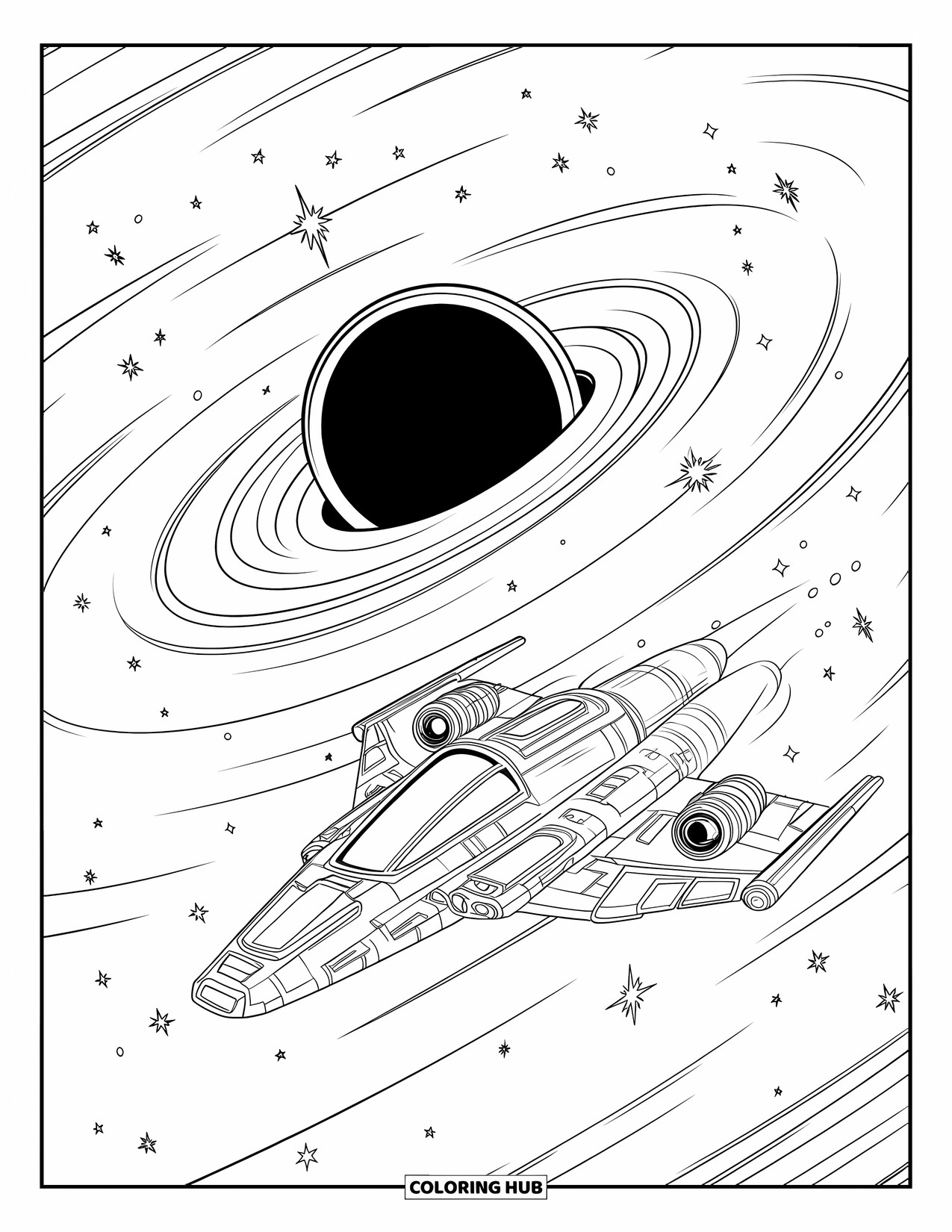 Black Hole Coloring Page for Kids: A spaceship with windows hovers near a black hole and stars