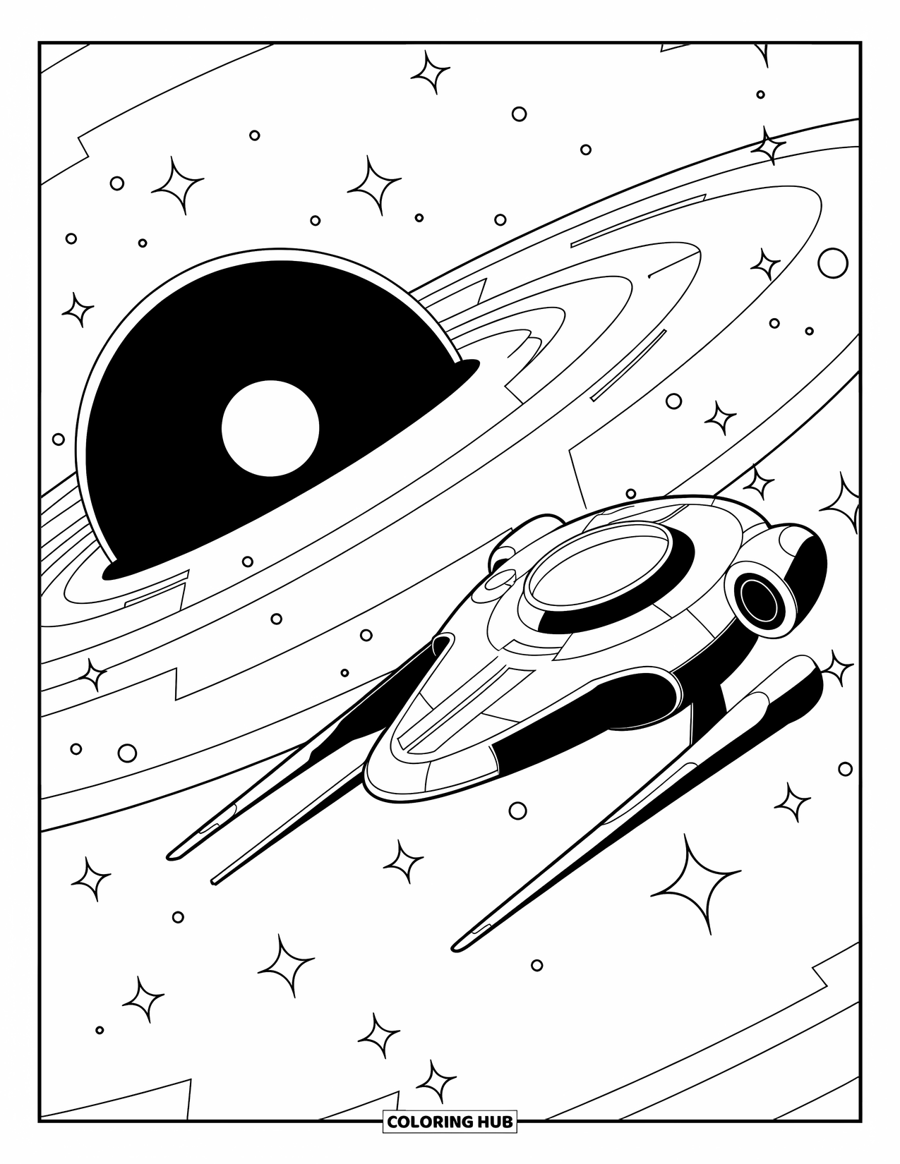 Black Hole Coloring Page for Kids: Curved lines show a spaceship's path near a swirling black hole