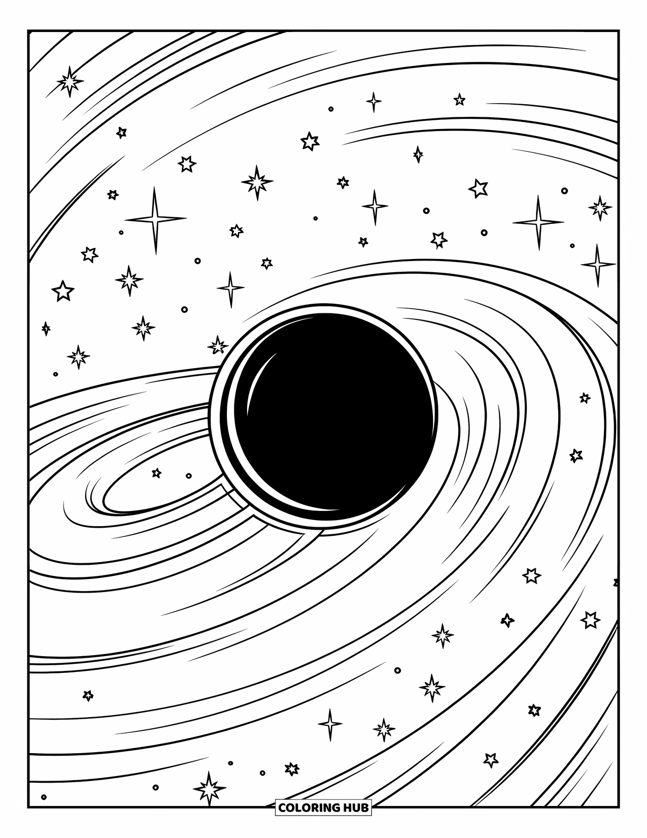 Black Hole Coloring Page for Kids: Curving light trails swirl around a huge black hole in space