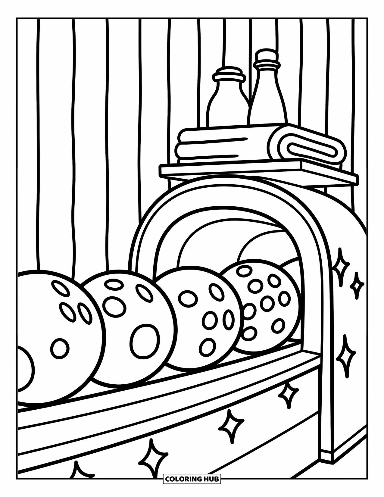 Bowling Coloring Page for Adults: A ball return machine with cheerful balls and a towel on a shelf
