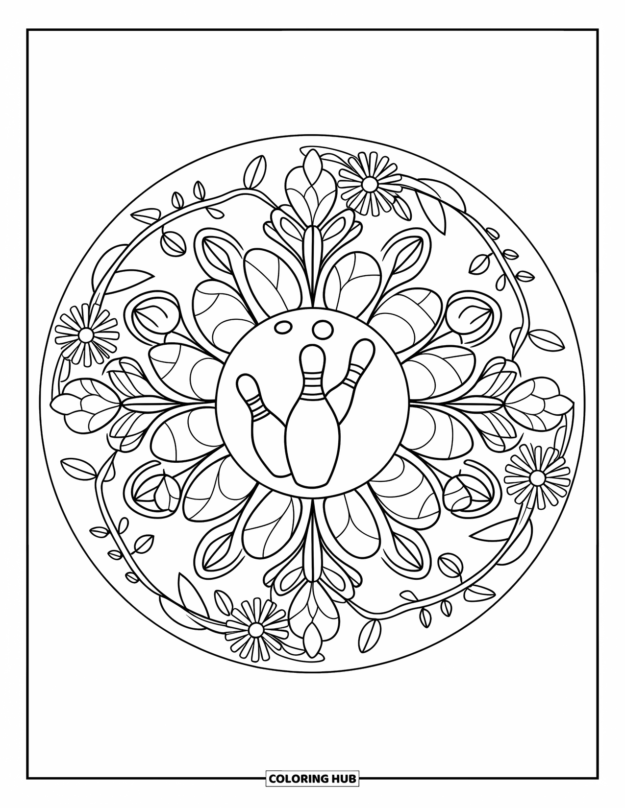 Bowling Coloring Page for Adults: A bowling ball inside a circular mandala of flowers and leaves