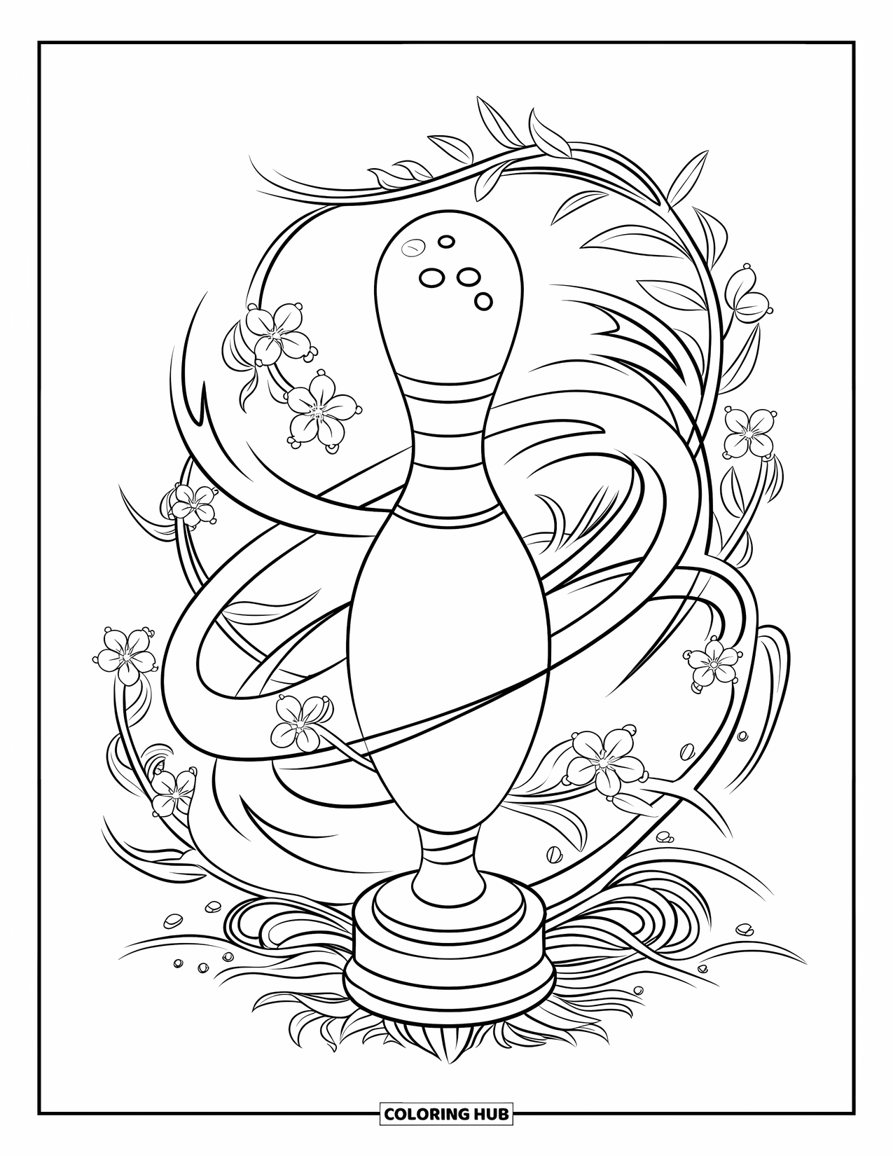 Bowling Coloring Page for Adults: A bowling trophy wrapped in vines and blossoming flowers