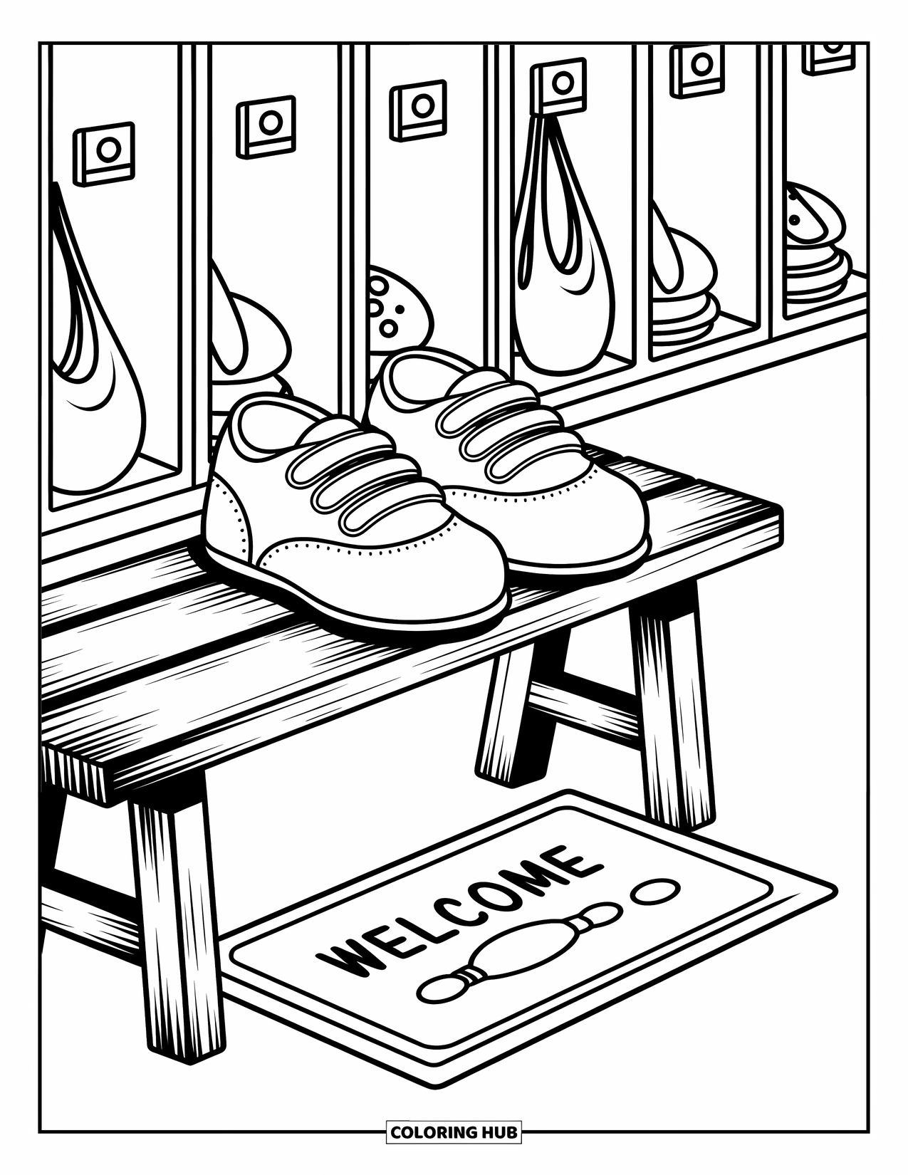 Bowling Coloring Page for Adults: A cozy locker room scene with bowling shoes and a patterned mat