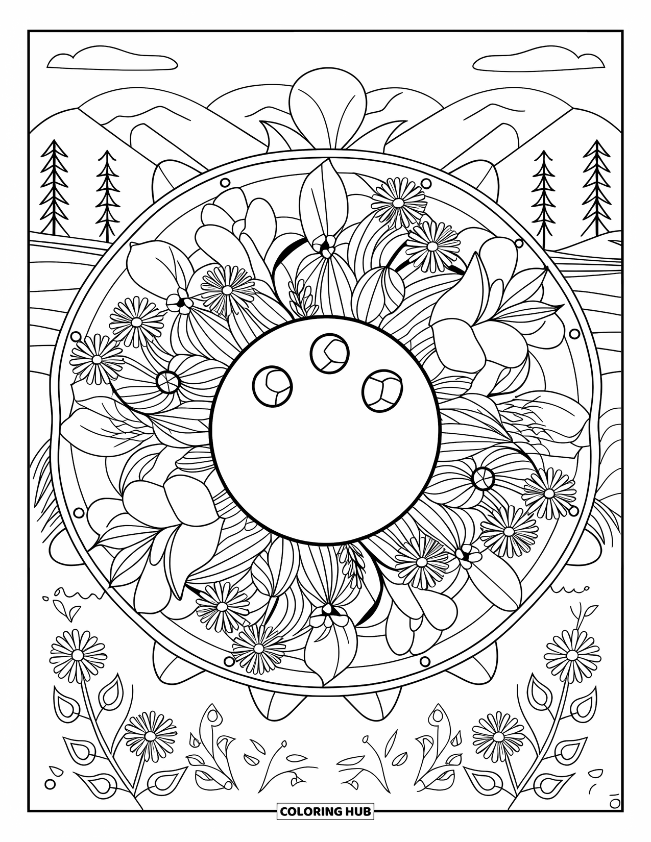 Bowling Coloring Page for Adults: A floral mandala around a bowling ball with nature in the background