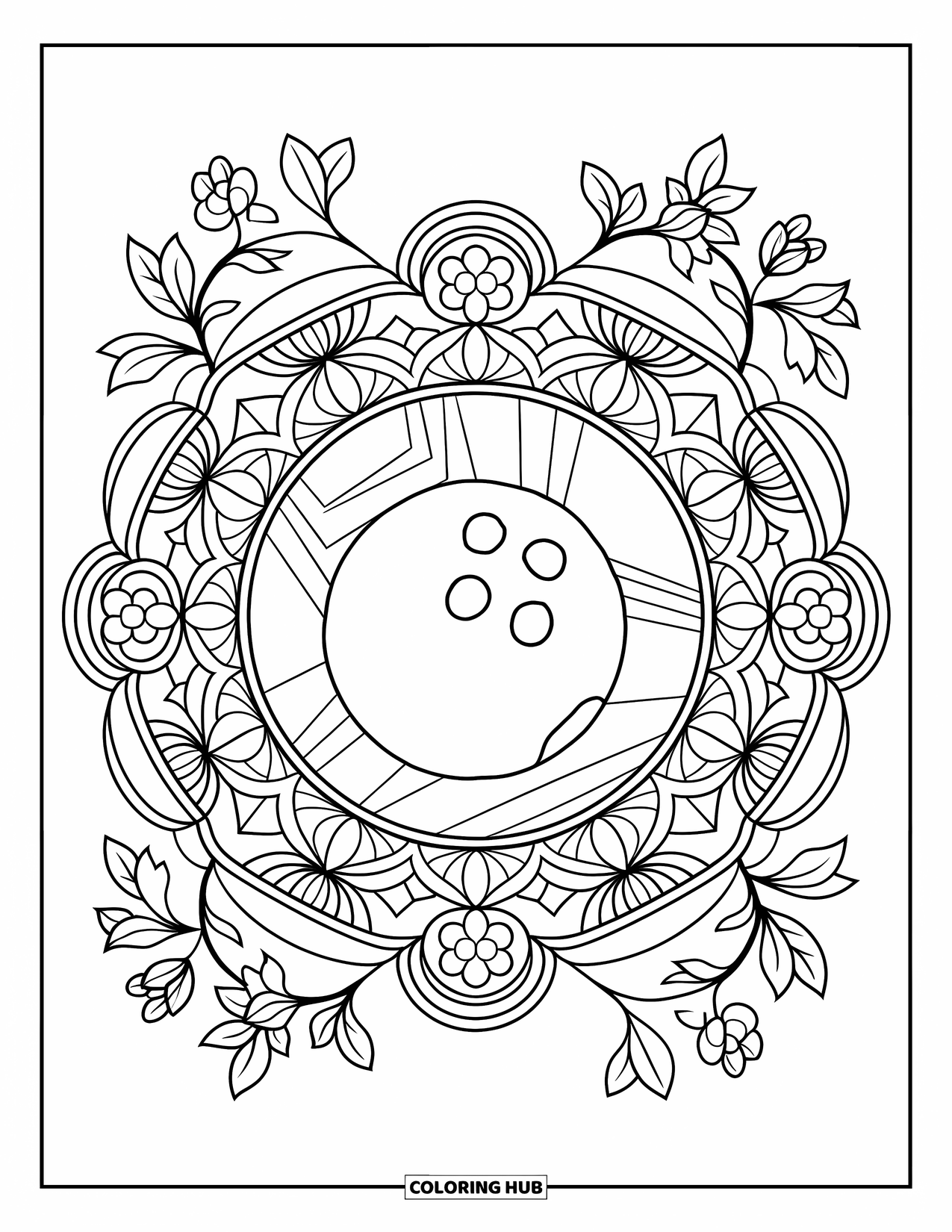 Bowling Coloring Page for Adults: A floral mandala featuring a bowling ball surrounded by vines