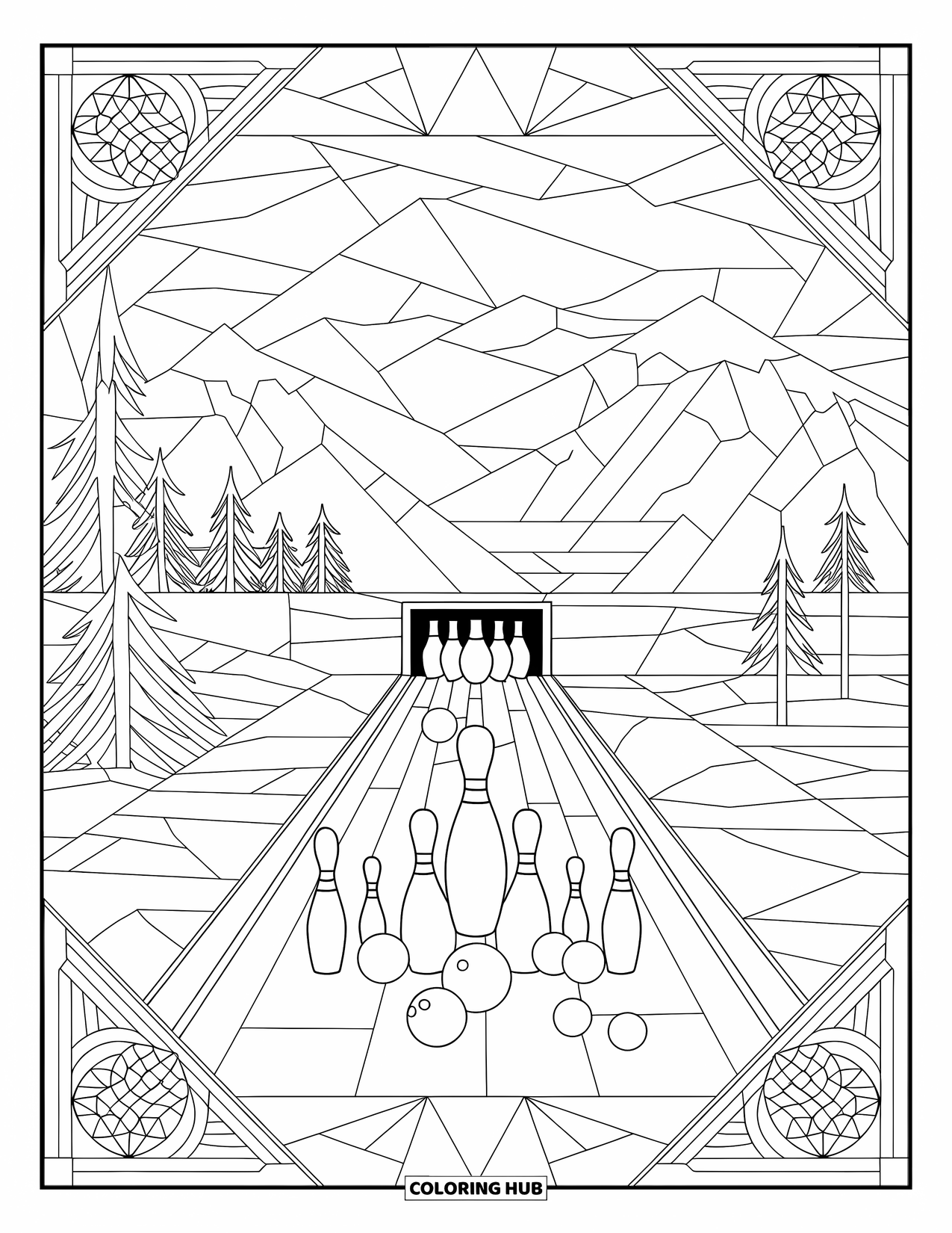 Bowling Coloring Page for Adults: A geometric frame showing a bowling lane with pins and balls
