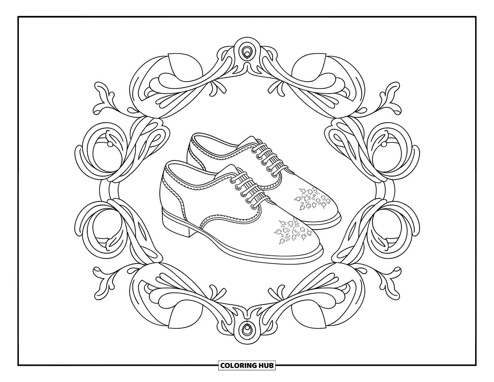 Bowling Coloring Page for Adults: A pair of detailed bowling shoes surrounded by floral scrolls