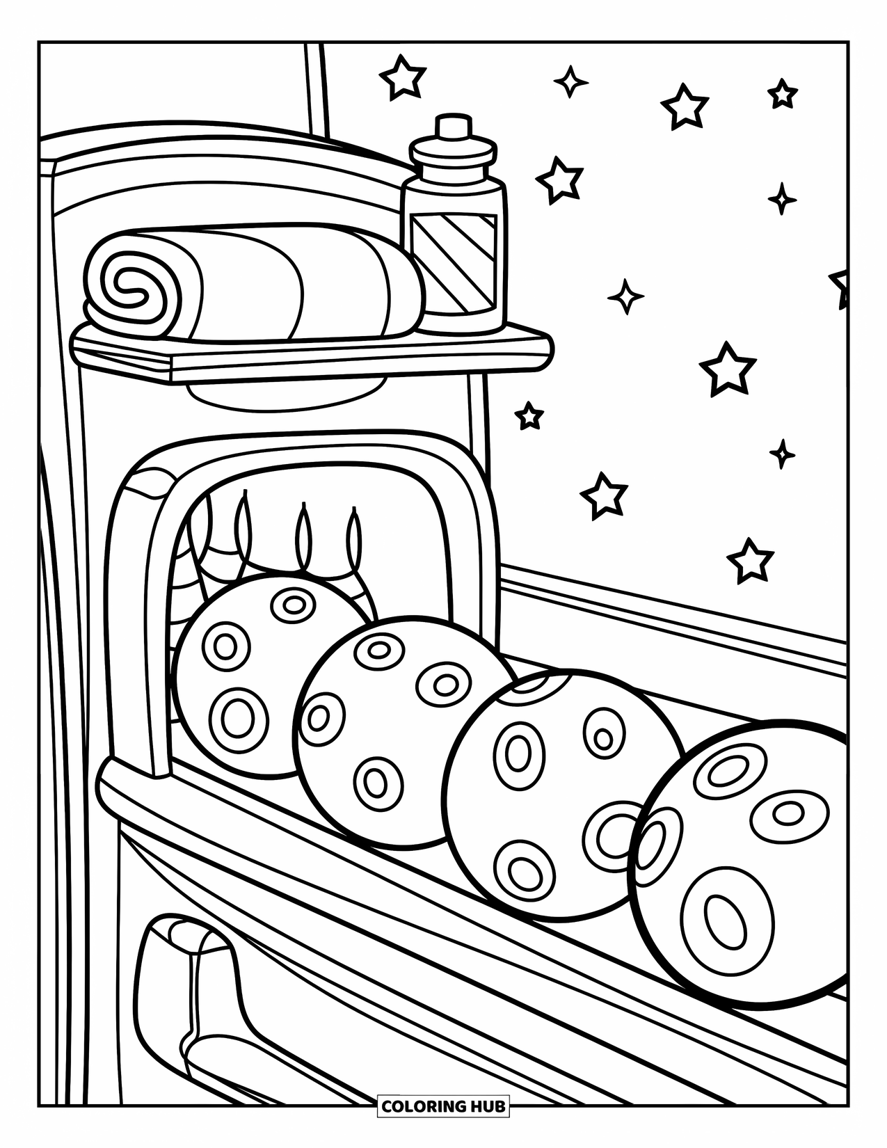 Bowling Coloring Page for Adults: A vintage ball return machine decorated with stars and cute details