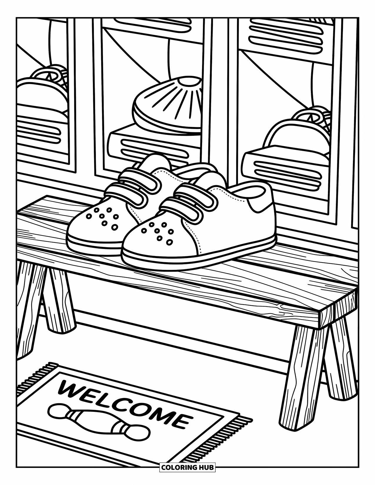 Bowling Coloring Page for Adults: Bowling shoes with velcro straps on a bench beside open lockers
