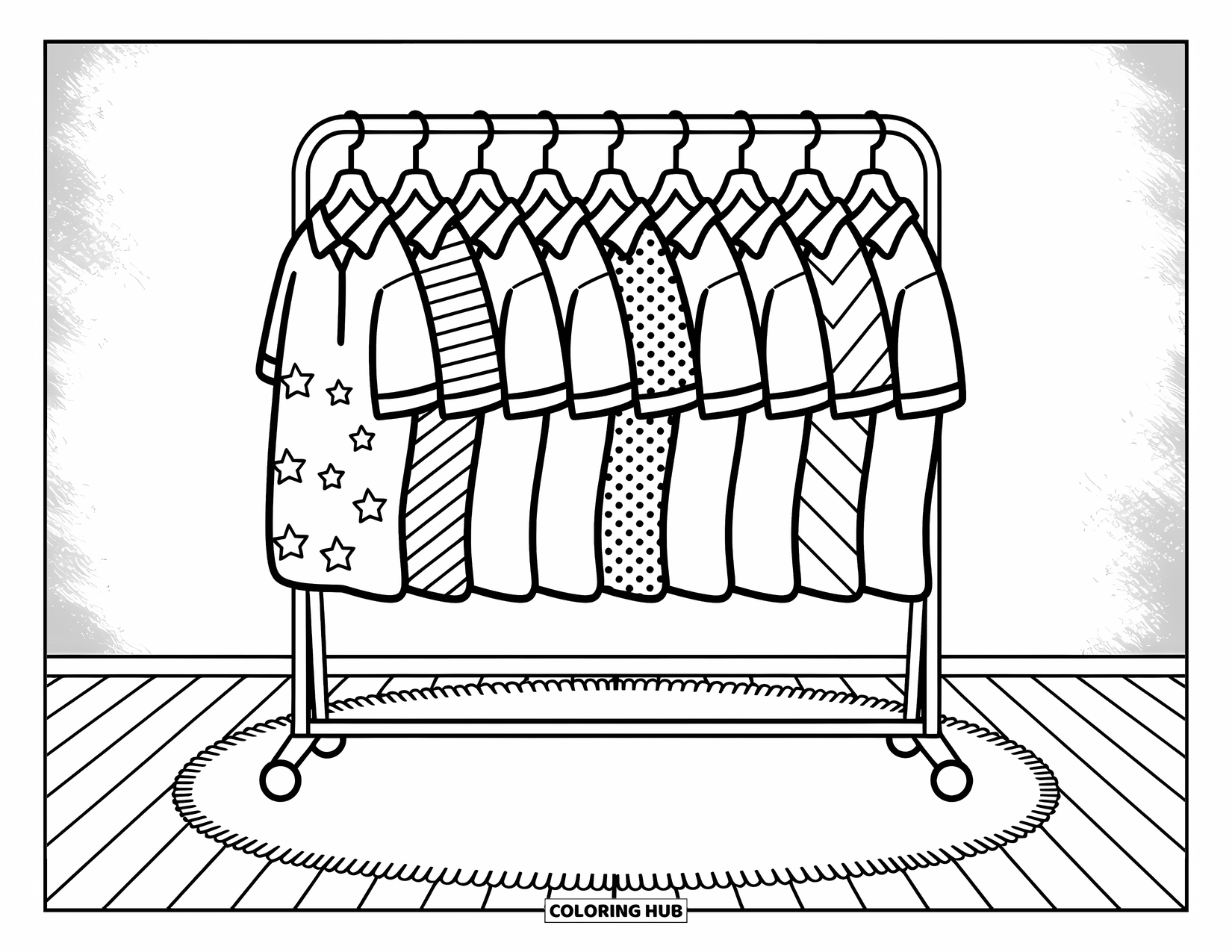 Bowling Coloring Page for Adults: Cute patterned bowling shirts hanging above a plush rug in a warm room