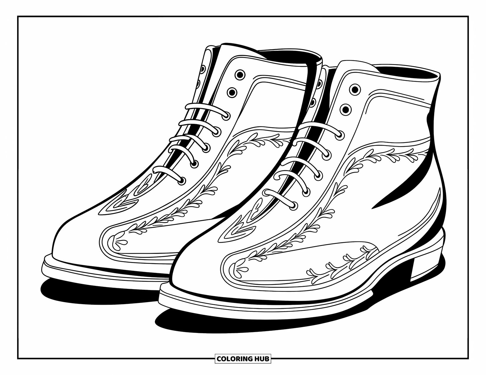 Bowling Coloring Page for Adults: Floral-trimmed bowling shoes drawn with bold, clean outlines