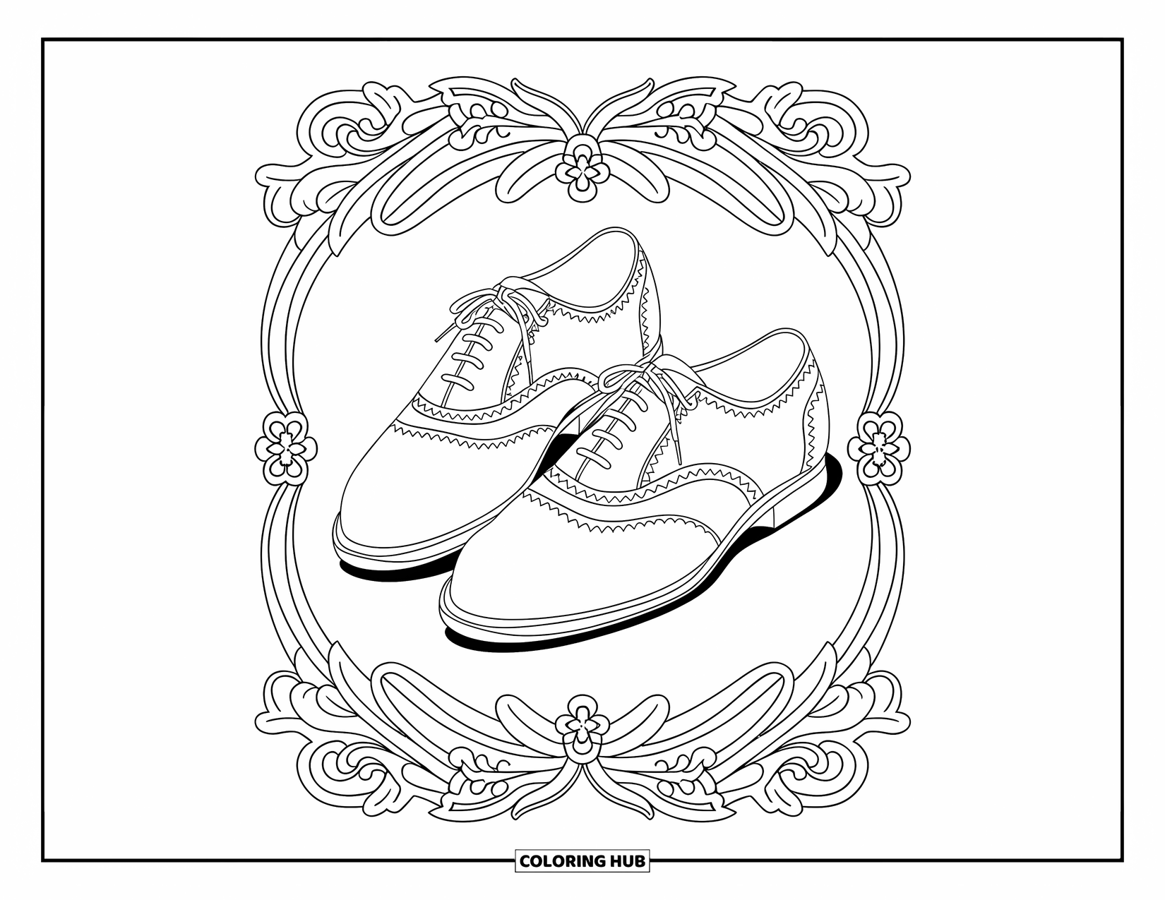 Bowling Coloring Page for Adults: Intricate bowling shoes bordered by elegant floral designs