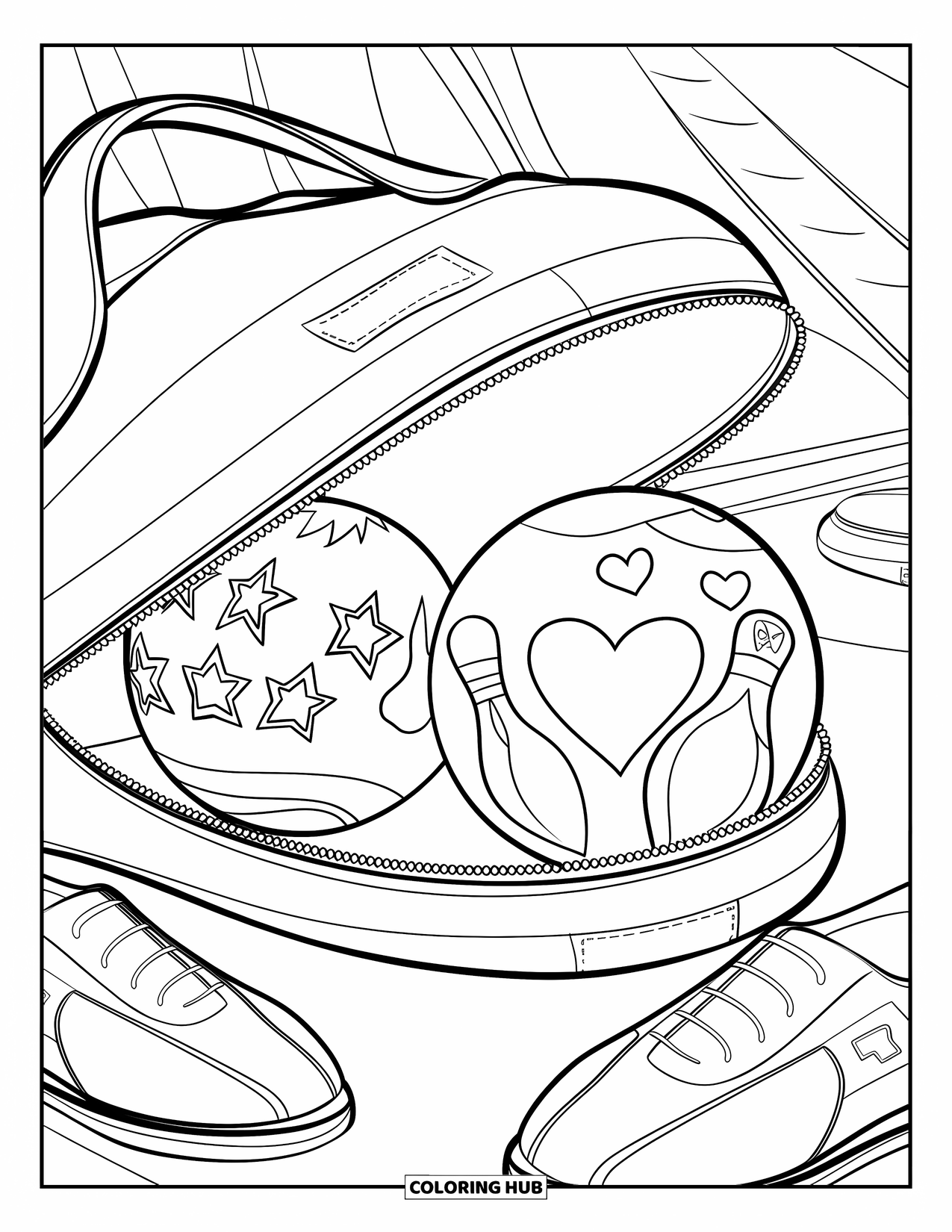 Bowling Coloring Page for Kids: A bowling bag with two balls and shoes beside it