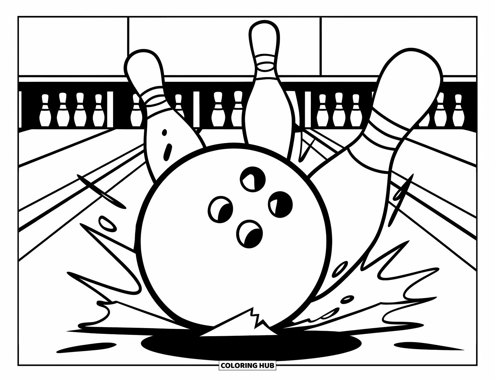 Bowling Coloring Page for Kids: A bowling ball crashing into a pin in a dynamic action scene