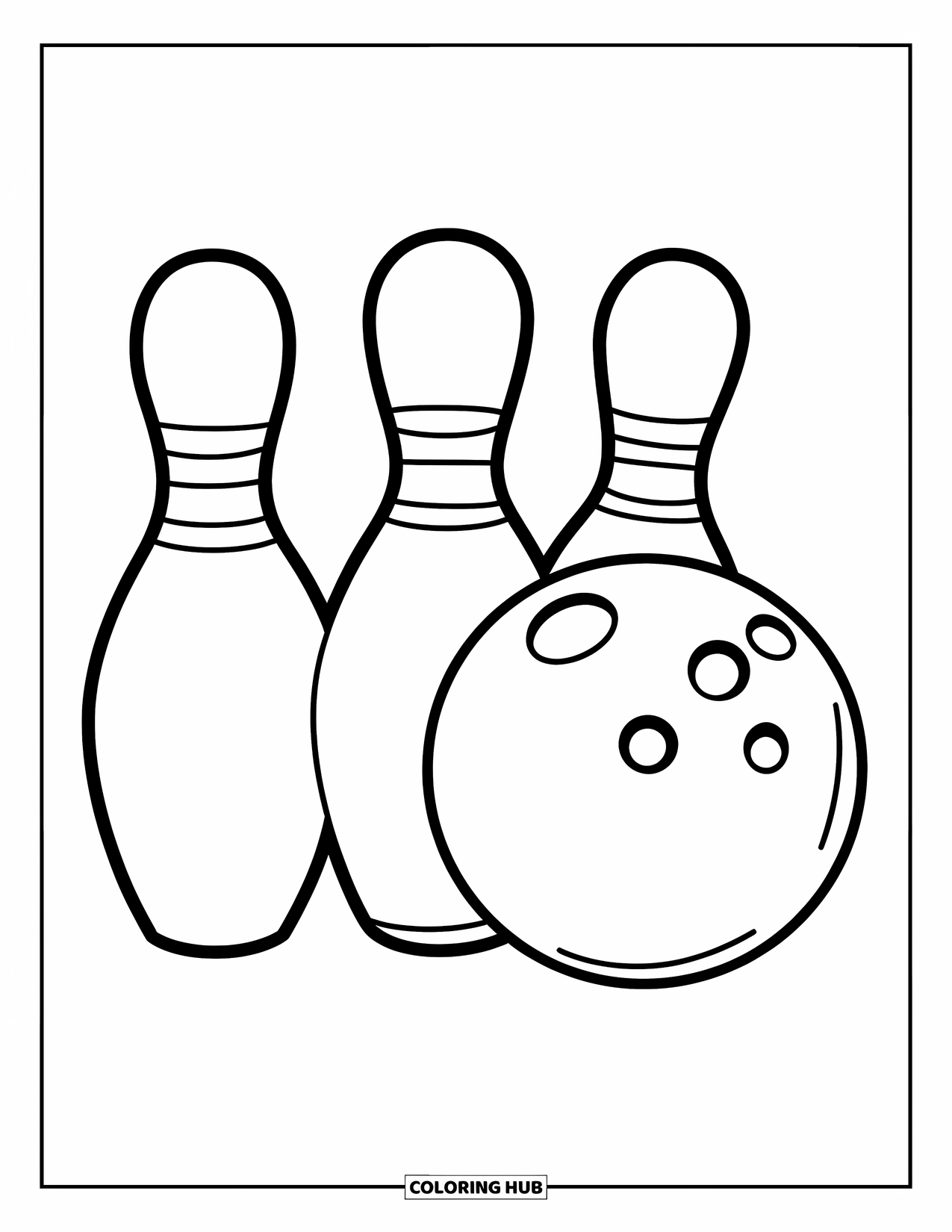 Bowling Coloring Page for Kids: A bowling ball resting beside three tall pins on a white floor