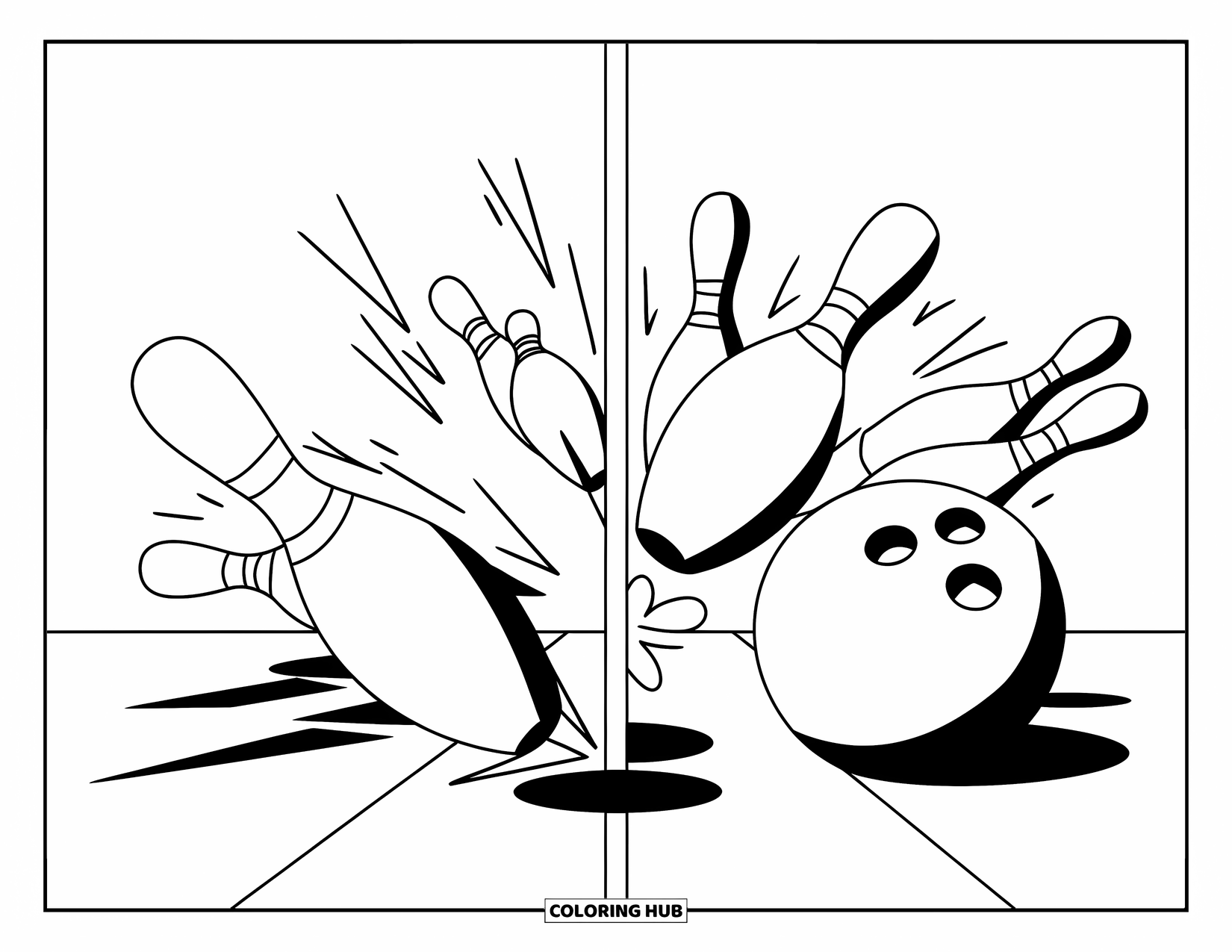 Bowling Coloring Page for Kids: A bowling lane split between a strike and a rolling gutterball