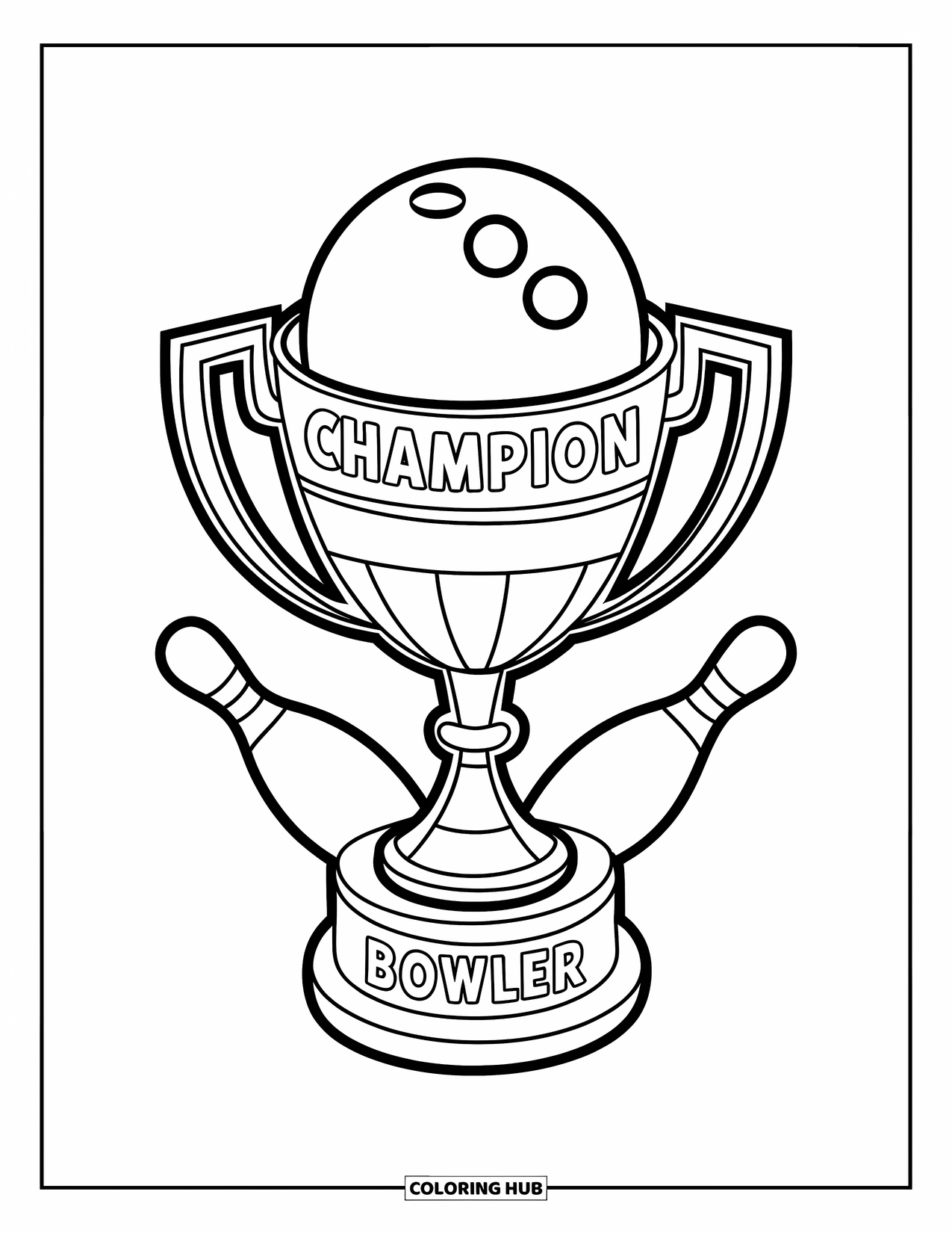 Bowling Coloring Page for Kids: A "Champion Bowler" trophy resting on three bowling pins