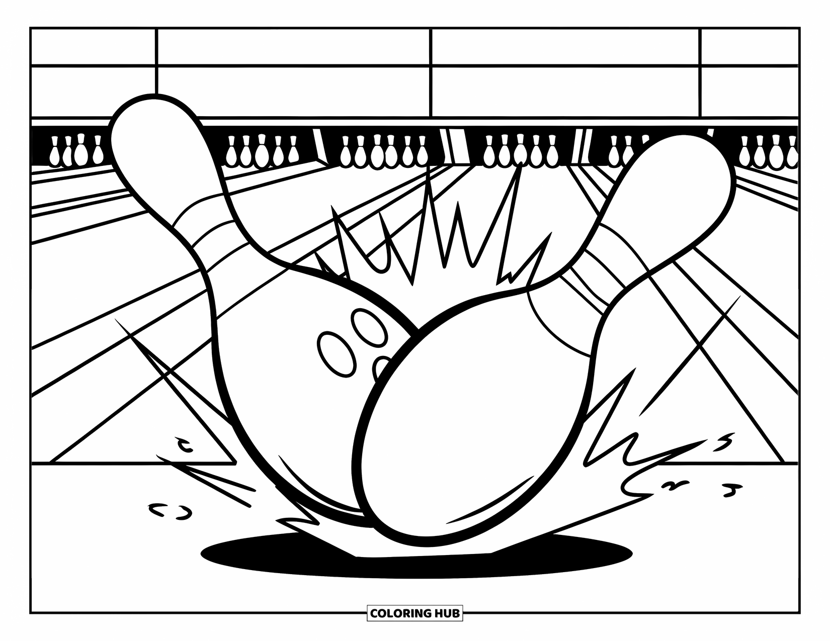 Bowling Coloring Page for Kids: A crash scene with a bowling ball knocking a pin into the air