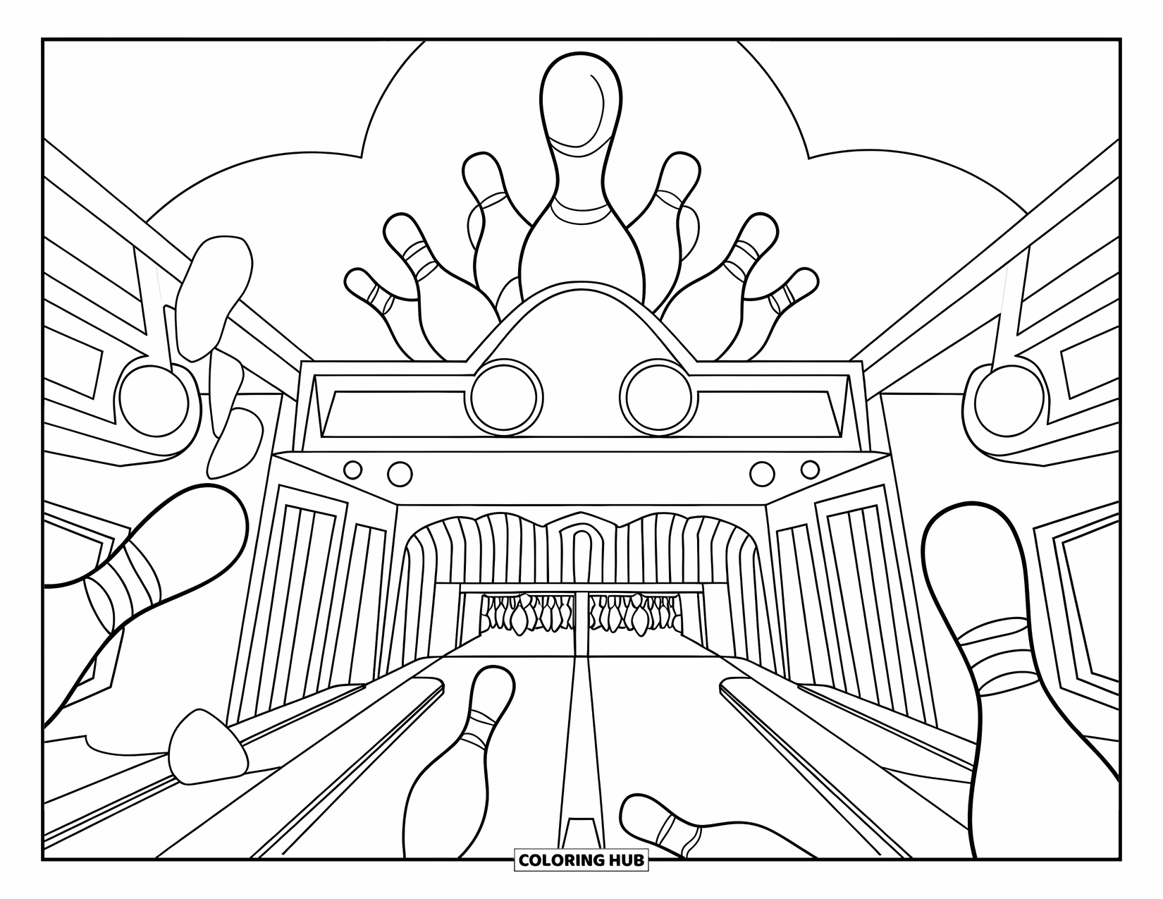 Bowling Coloring Page for Kids: A front view of a bowling alley with glowing signs and pins