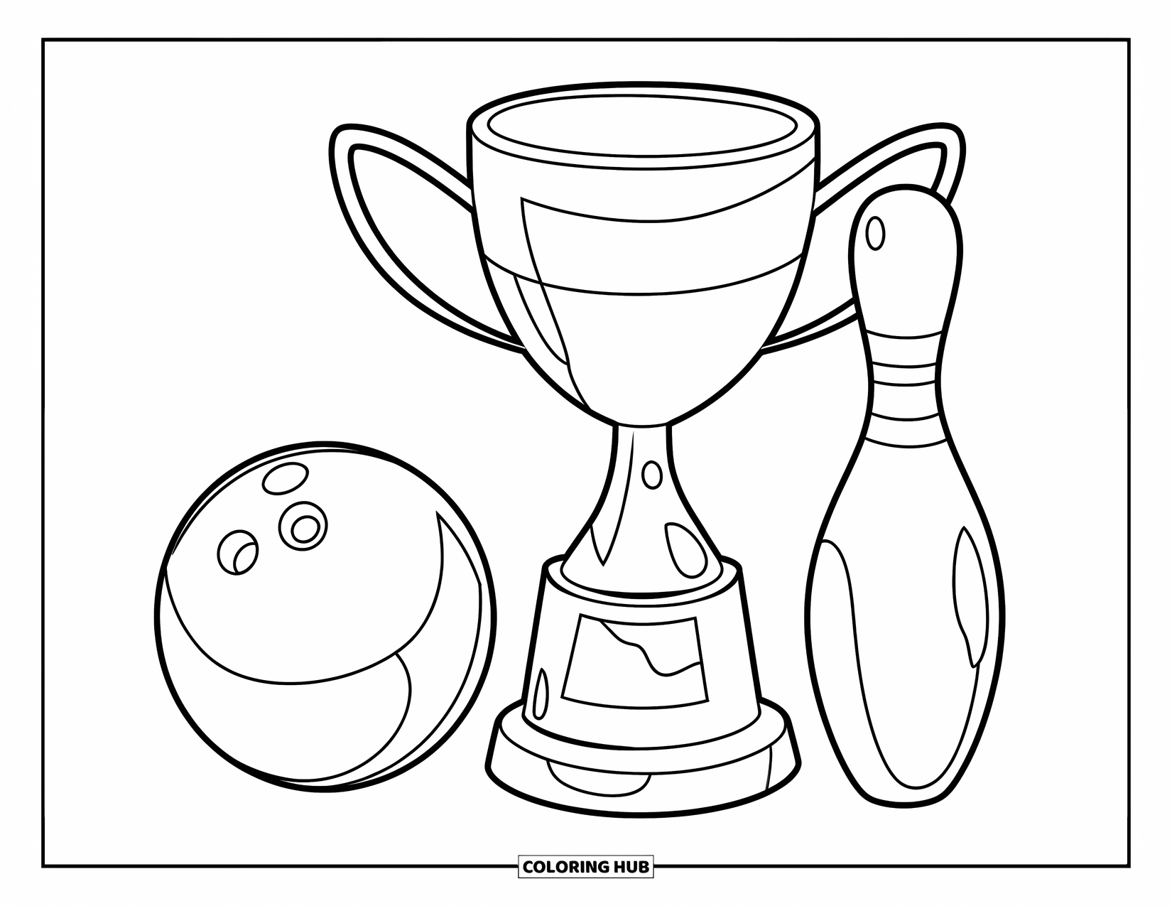 Bowling Coloring Page for Kids: A golden-base bowling trophy beside a single pin and ball